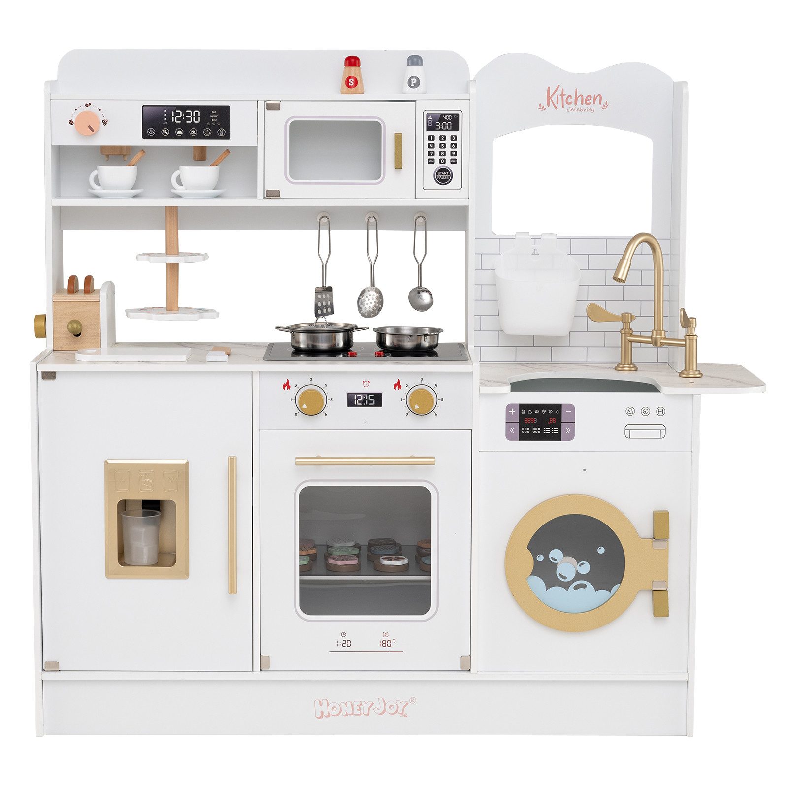 COSTWAY Spielküche Holz, Kinder Spielküche Spielset mit Toaster & Eisspende günstig online kaufen