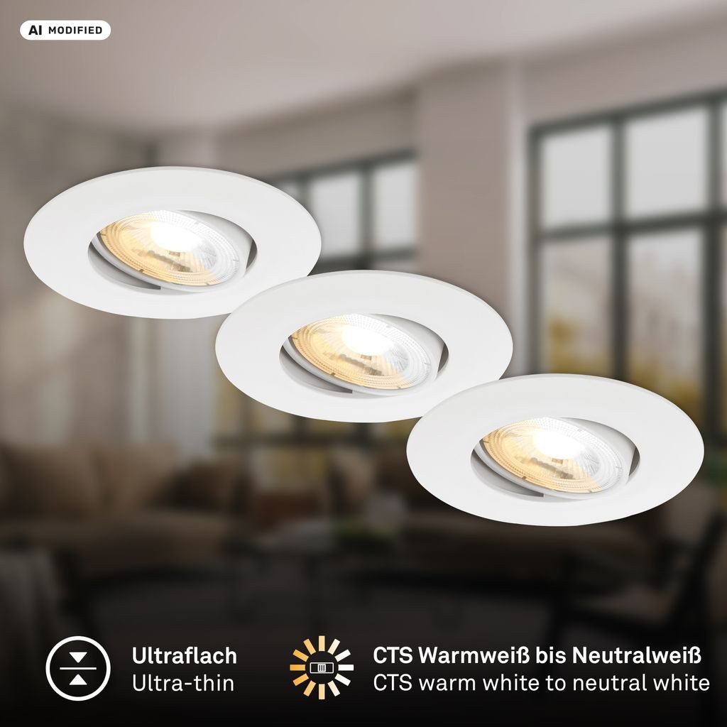 Briloner Leuchten LED Einbaustrahler LED Einbaustrahler 3er Set Schwenkbar CCT, LED fest integriert, 4000K - Neutralweiß, 2700K - Extra-Warmweiß, 3000K - Warmweiß, 90x24 mm, Wohnzimmer, Flur