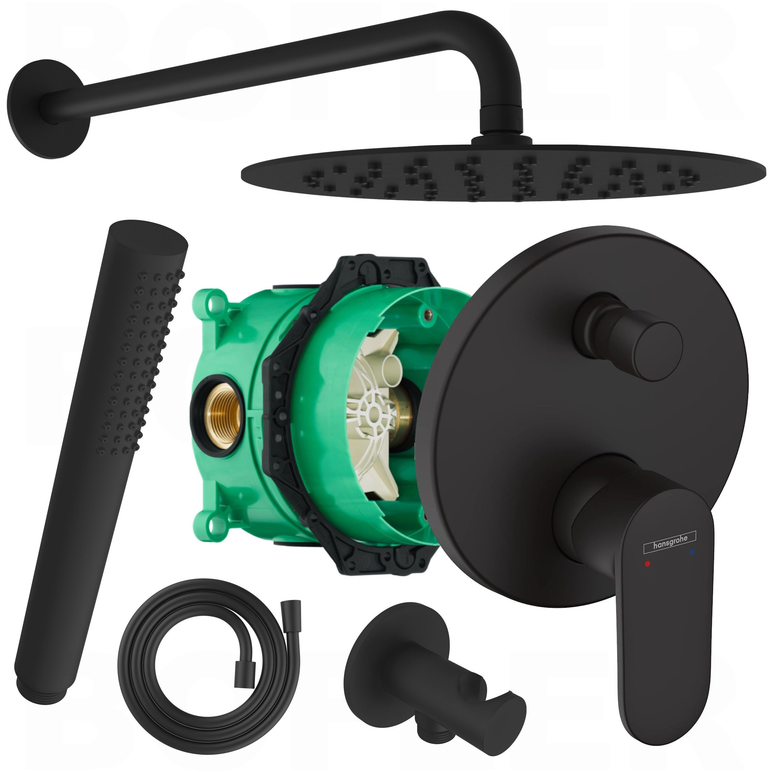 Hansgrohe und Bofler Duscharmatur Vernis Blend Unterputz Armatur für 2 Verbraucher + IBOX 1 (Duschsystem, Duschanlage, Duschset, inkl. BOFLER Duschset #42, Brauseset, Regendusche Ø20cm, Wandarm) matt schwarz, Antikalk-Gummidüsen, Wassersparende Regendusche