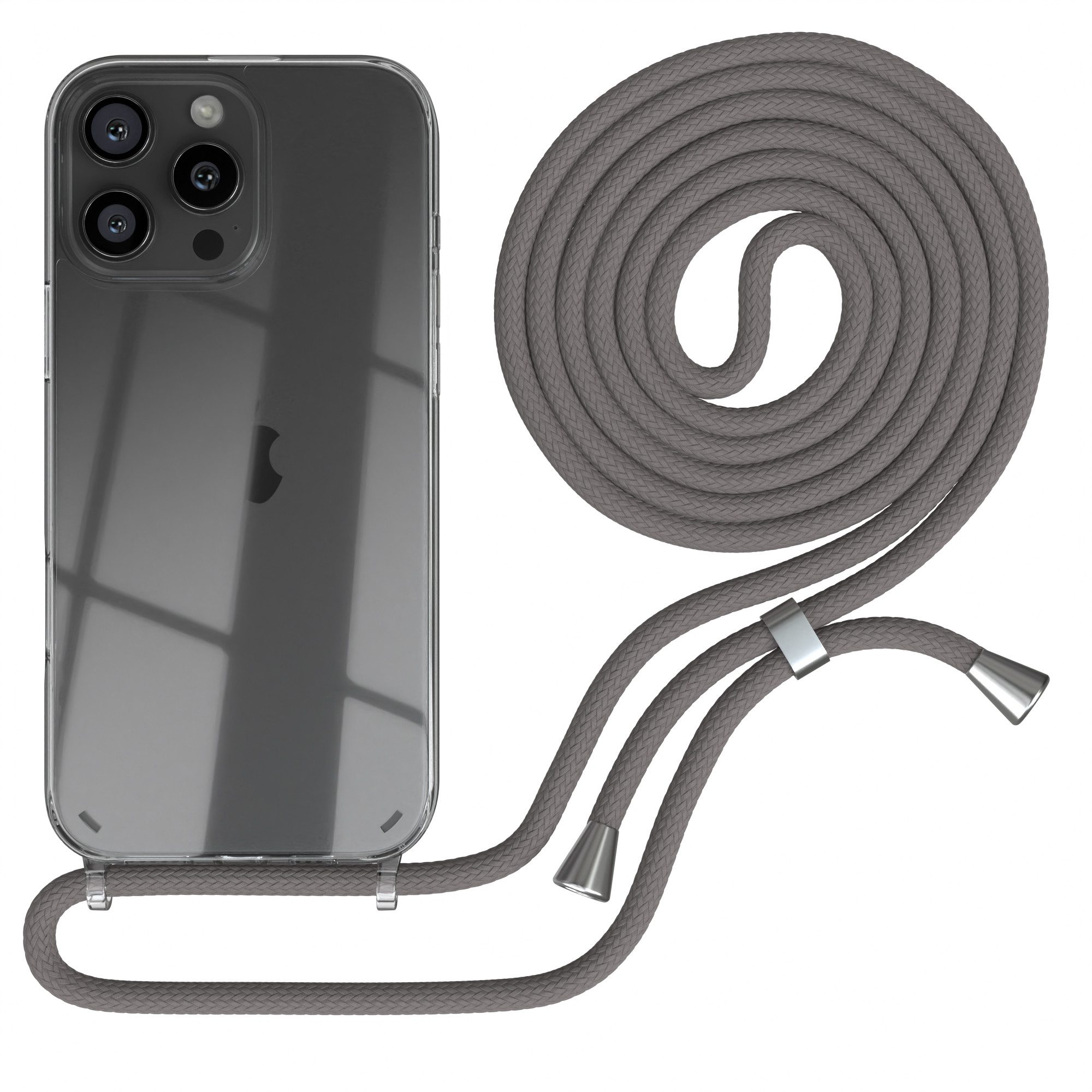 EAZY CASE Handykette Hülle mit Kette für Apple iPhone 16 Pro Max 6,9 Zoll, Slimcover Handykette Hülle mit Band Handykordel Clear Case Slim Grau