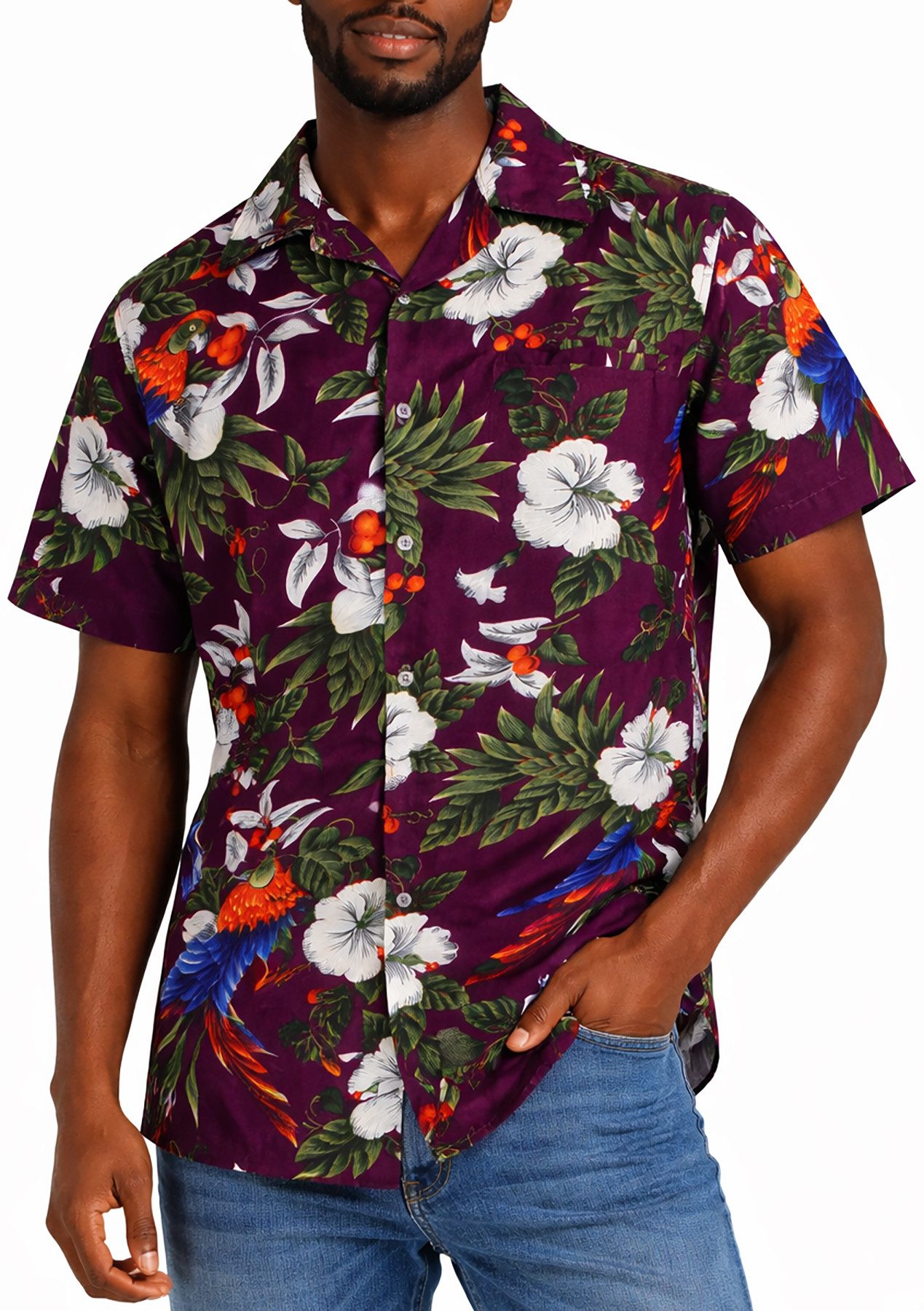 King Kameha Hawaiihemd "Cherry Parrot" Funky Hawaiihemd Herren Kurzarm Fronttasche Sommerhemd