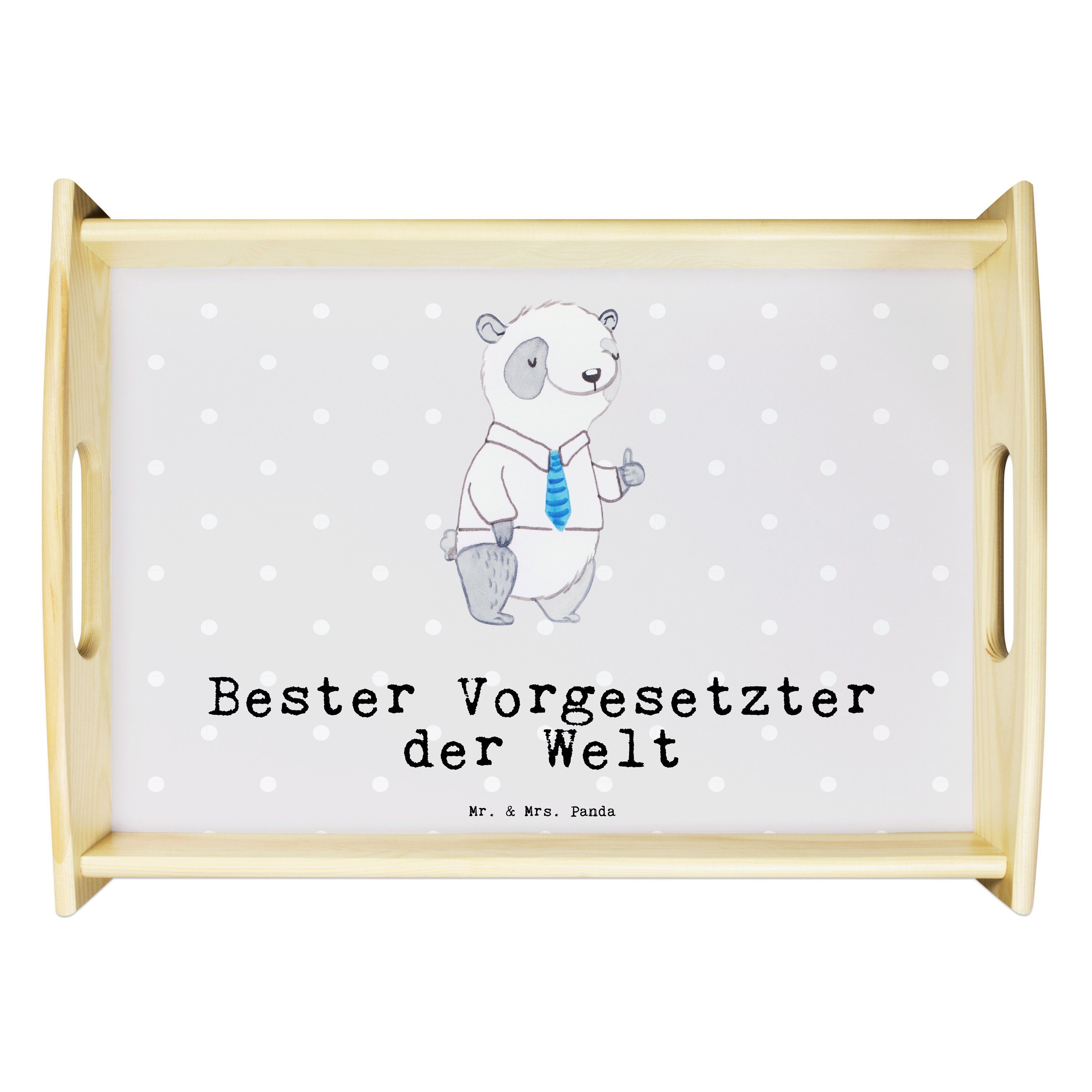 Mr. & Mrs. Panda Tablett Panda Bester Vorgesetzter der Welt - Grau Pastell - Geschenk, Tablett, Echtholz lasiert, (1-tlg)