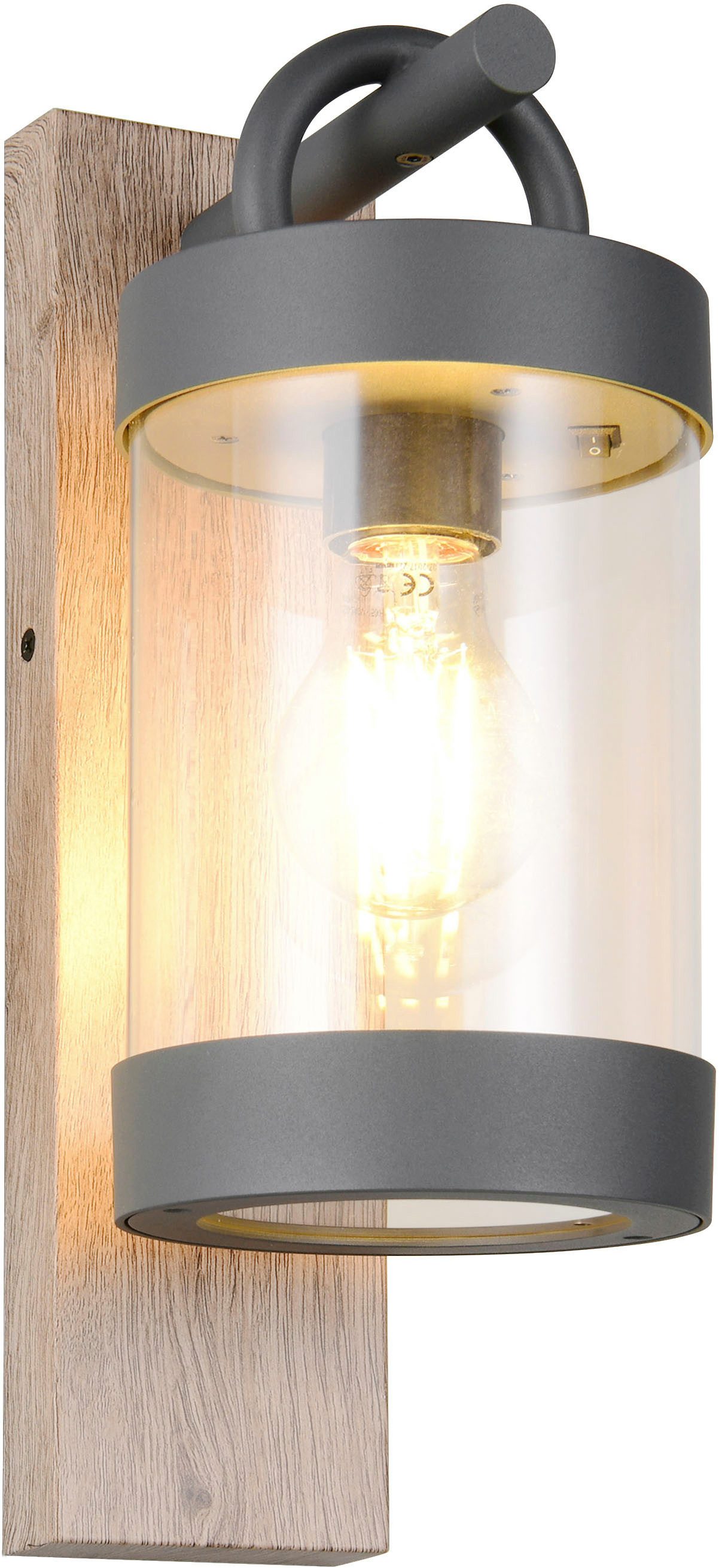 TRIO Leuchten Außen-Wandleuchte SAMBESI, Laternen Optik Hauswand, exkl 1x E27 max 28W Dämmerungssensor, Leuchtmittel wechselbar, warmweiß - kaltweiß, Fassadenbeleuchtung aus Alu Druckguss, Rückenplatte Holz Nachbildung