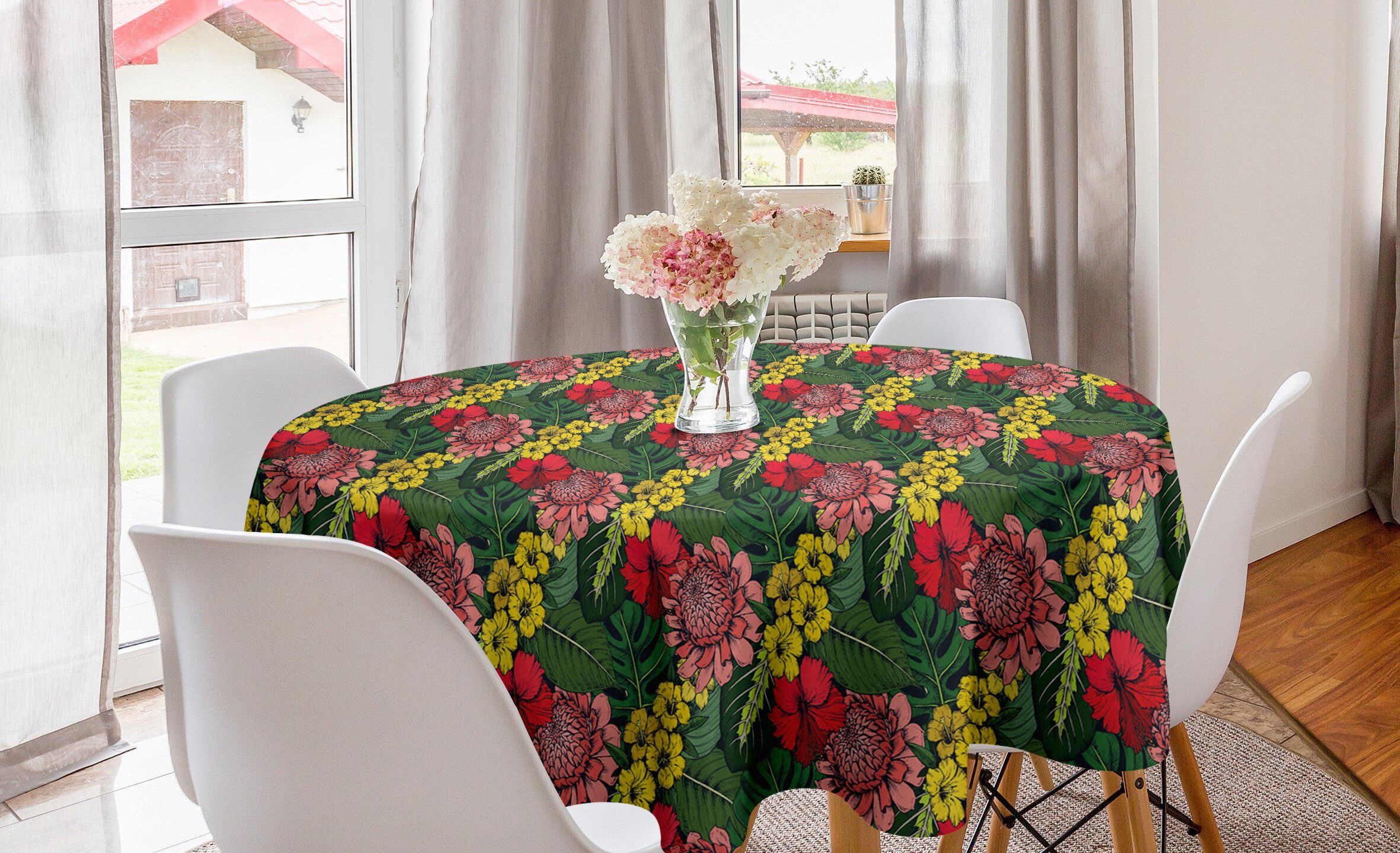 Tropisch Esszimmer Tischdecke Kreis Blätter Abdeckung Dekoration, Abakuhaus Dschungel-Blumen für Küche und Tischdecke