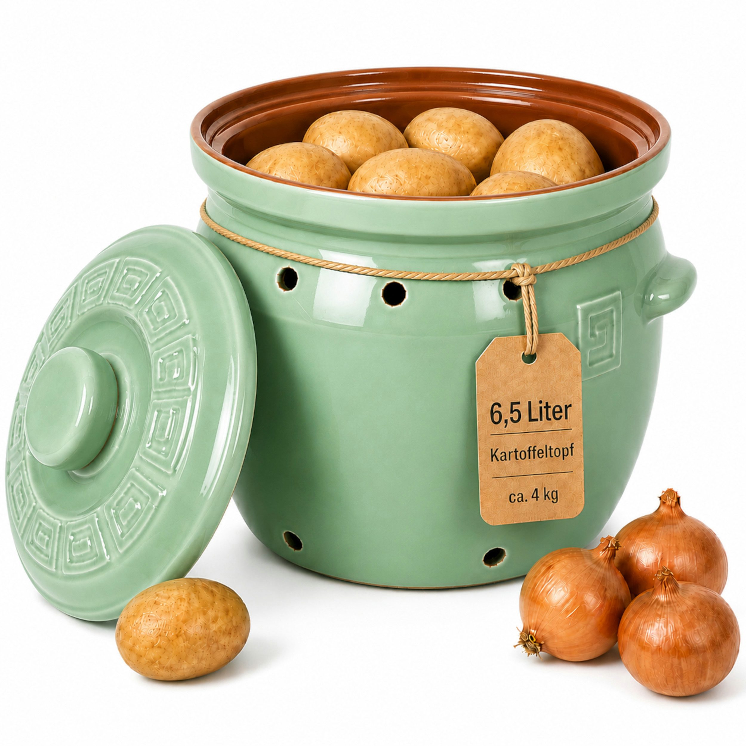 KERAZO Vorratsdose 6,5 Liter Kartoffeltopf & Zwiebeltopf mit Deckel aus Steingut, grün, Steingut, Unterstützt eine dunkle und gut belüftete Aufbewahrung von Kartoffeln