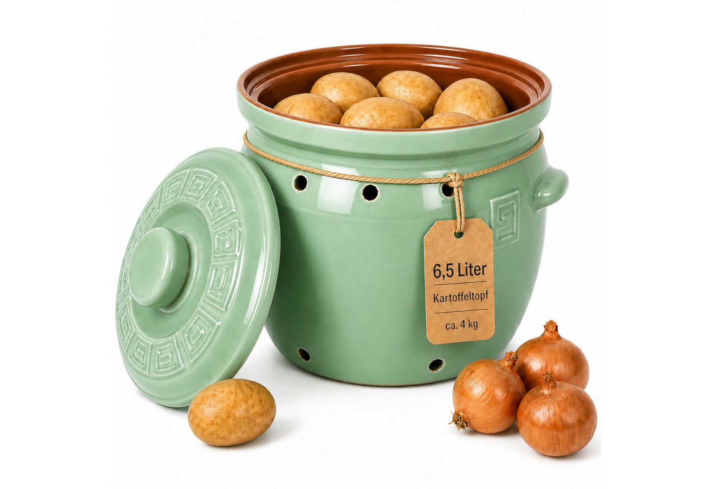 KERAZO Vorratsdose 6,5 Liter Kartoffeltopf & Zwiebeltopf mit Deckel aus Steingut, grün, Steingut, Unterstützt eine dunkle und gut belüftete Aufbewahrung von Kartoffeln