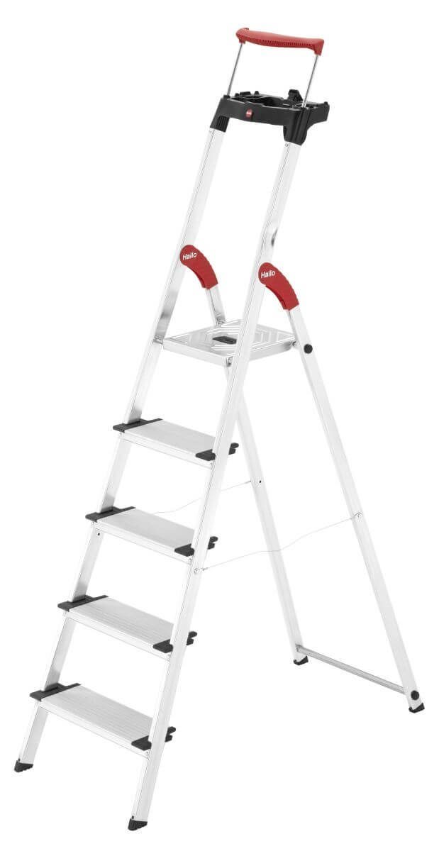 Hailo Trittleiter L85 ComfortLine Alu-Haushaltsleiter, Sicherheitsleiter mit 5 Stufen &, XXL-Alu-Stufen, Rutschsicherer Steckfuß