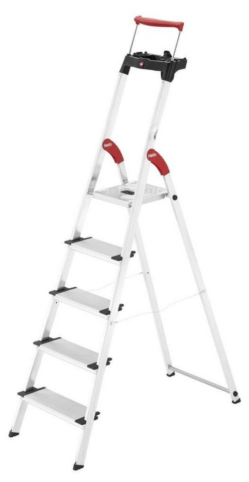 Hailo Trittleiter L85 ComfortLine Alu-Haushaltsleiter, Sicherheitsleiter mit 5 Stufen &, XXL-Alu-Stufen, Rutschsicherer Steckfuß