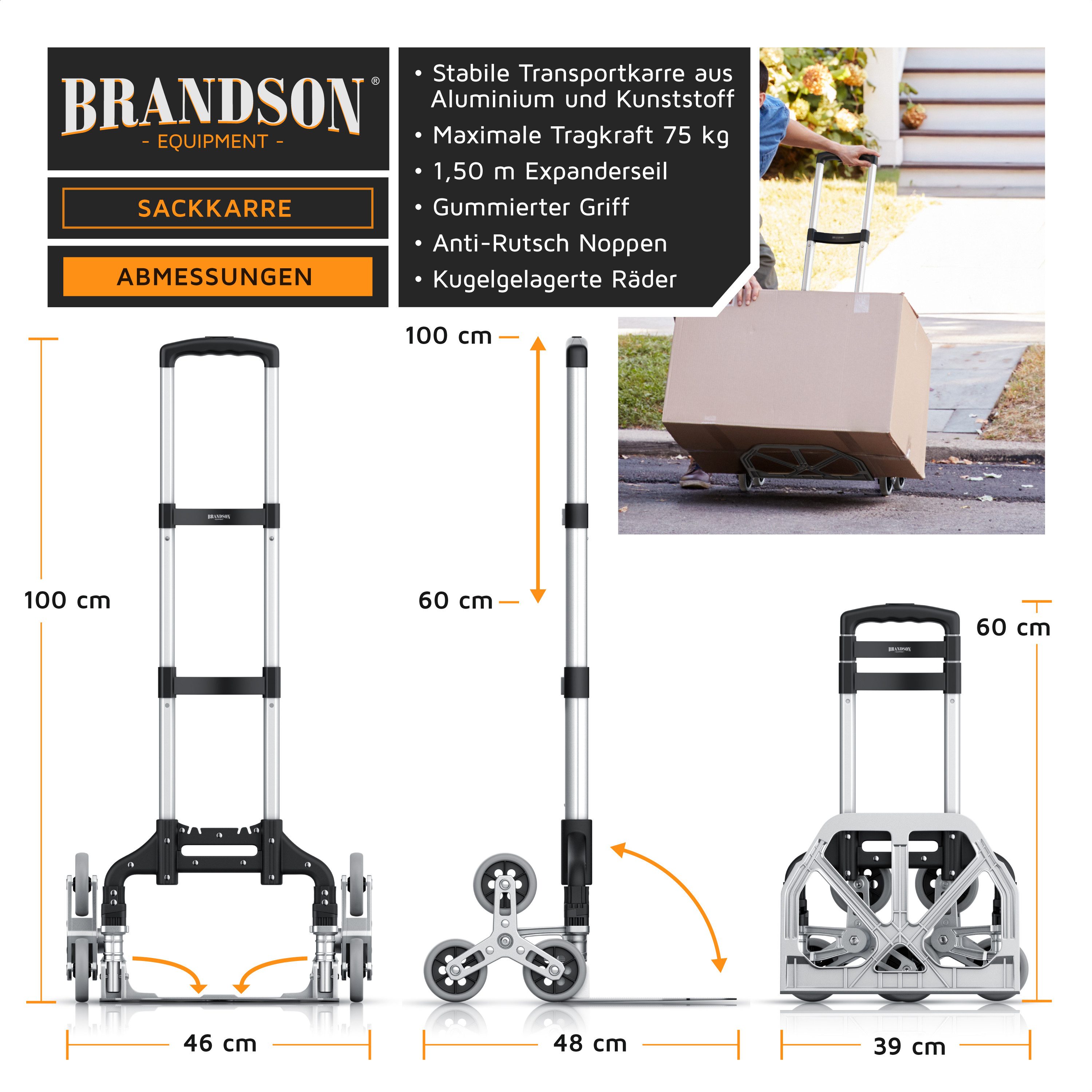 Brandson Sackkarre Transportkarre klappbar mit 75 kg Last Vollgummireifen & Expanderseil, (1-St), Alu Treppensteiger, für Umzug Getränkekisten, 6 Räder, leicht & stabil