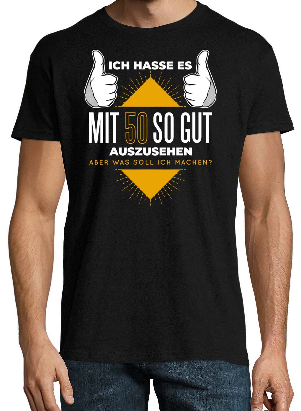 Designz Youth Frontprint Herren Shirt Spruch Gutaussehend Schwarz mit und T-Shirt lustigem 50