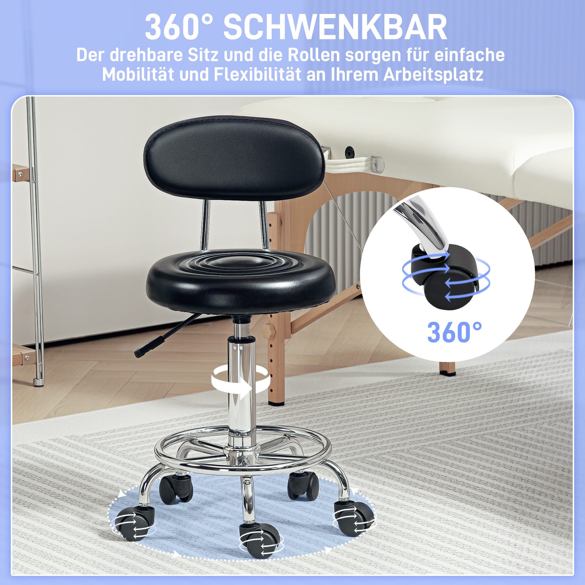 HOMCOM Drehhocker Rollhocker höhenverstellbar Drehbar Salon Hocker mit Lehne (Arbeitshocker, 1 St., Bürohocker), für Büro, Schwarz – Bild 5 von 5