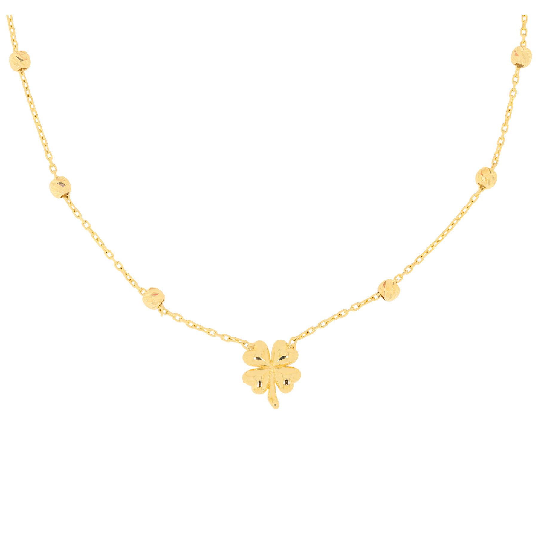 Stella-Jewellery Collier 585er Gelbgold Collierkette mit Kleeblatt & Kugeln (Collierkette Kleeblatt und mit diam. Kugeln, inkl. Etui), Kleeblatt mit diam. Kugeln