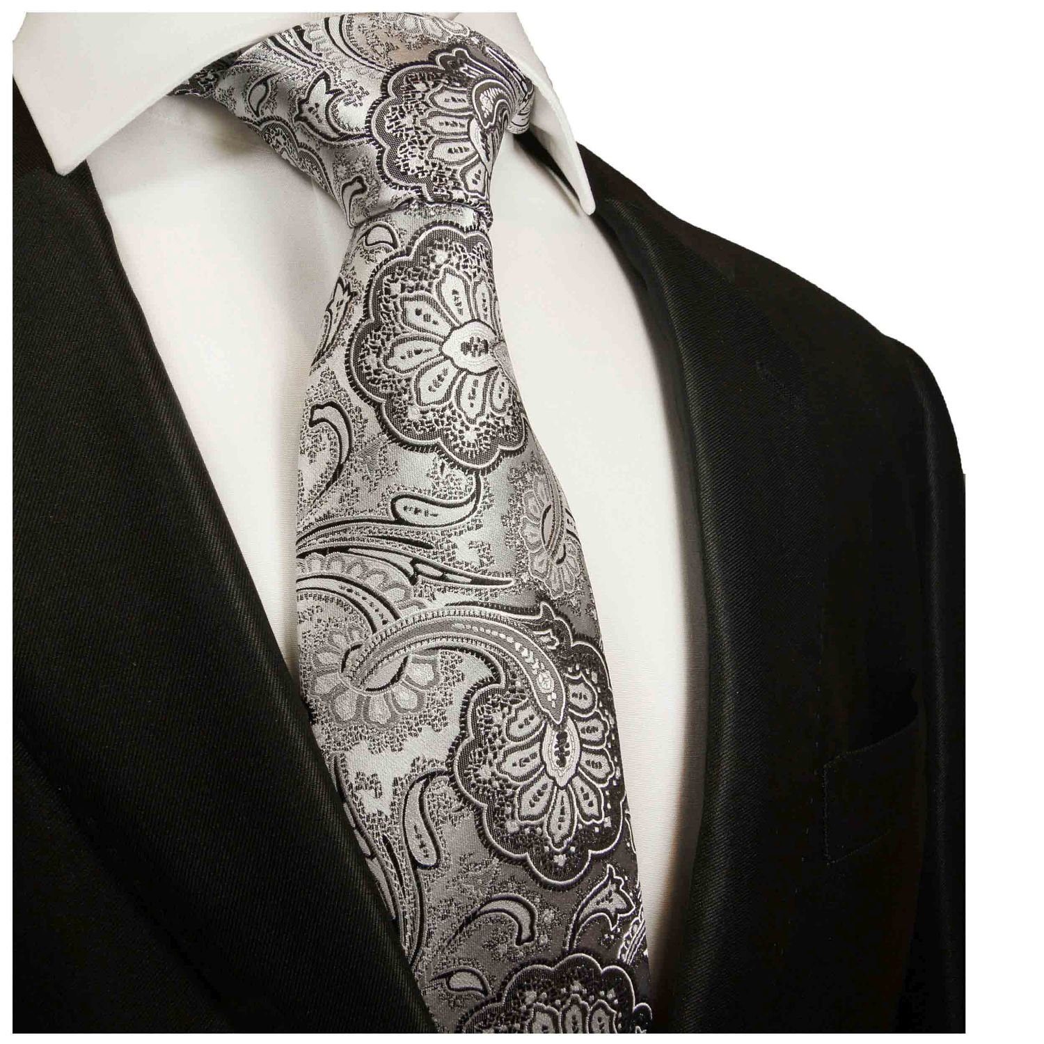 Designer Seidenkrawatte Krawatte 585 Herren Seide floral Schmal Paul Malone 100% paisley silber Schlips (6cm), schwarz