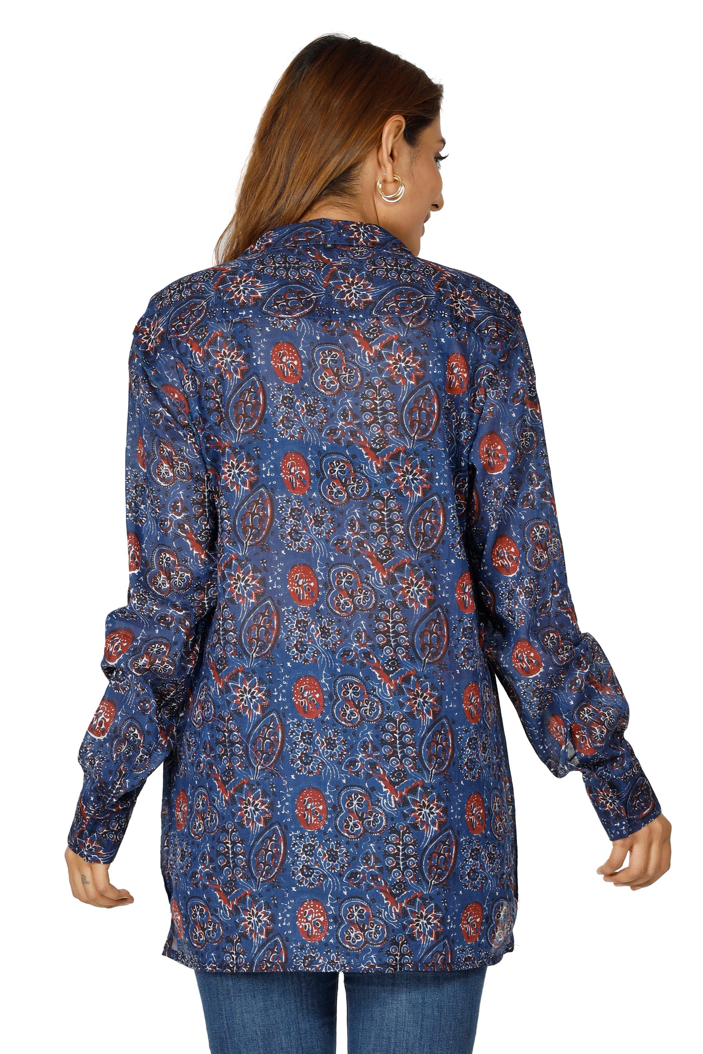 Guru-Shop Longbluse Handbedrucktes Boho Langarmhemd, Bekleidung luftiges.. alternative blau