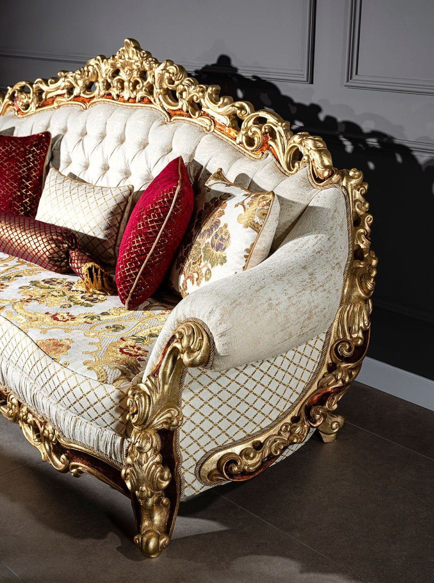 Casa Padrino dekorativen / Barock Braun / Kissen mit - Prunkvolles Sofa Barock Sofa Sofa Gold Möbel - Gold / Weiß Luxus Wohnzimmer