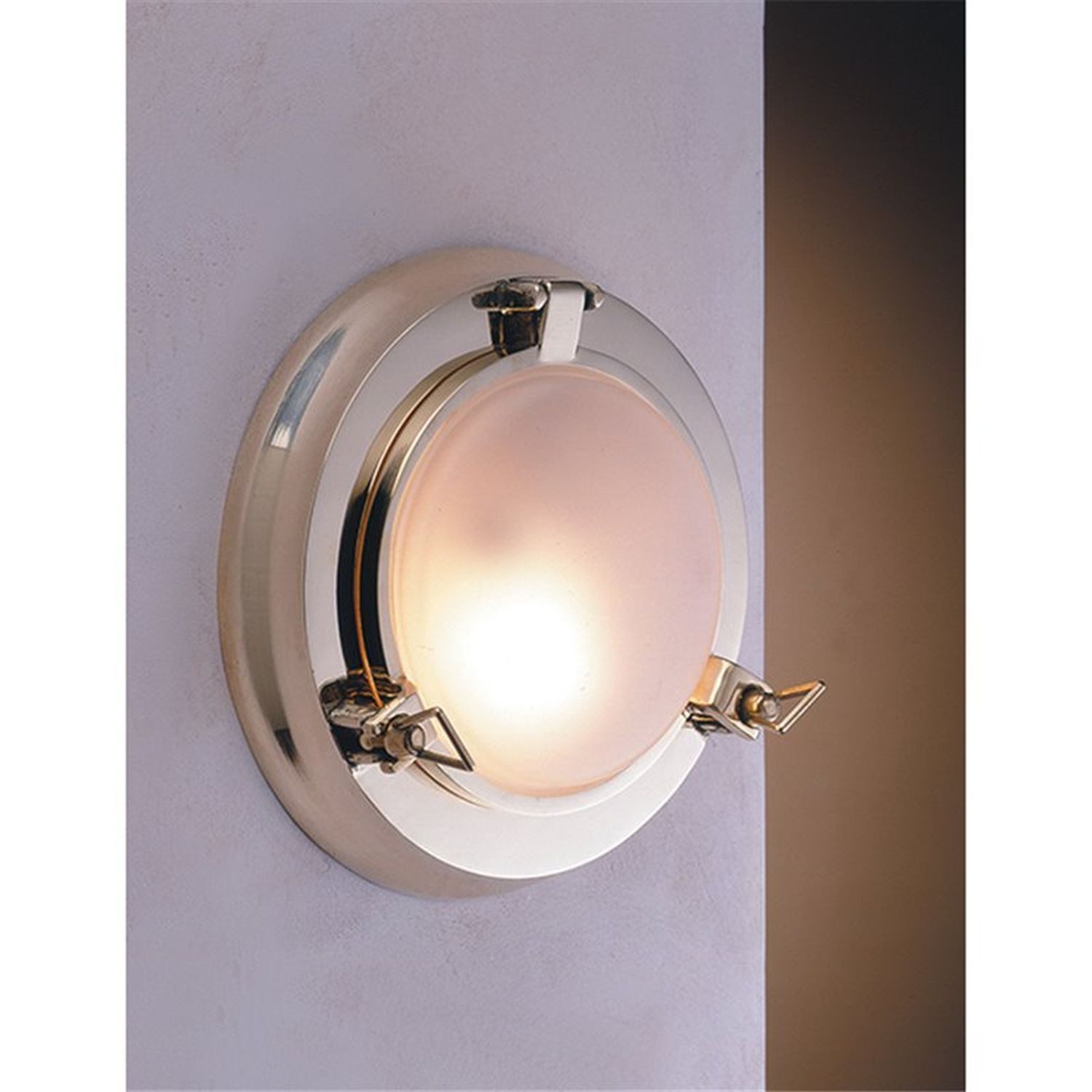 Licht-Erlebnisse Wandleuchte RIVANA, LED fest integriert, Warmweiß, Wandlampe LED 3000 K 898 lm Ø 27,5 cm Glas Messing massiv Bullauge