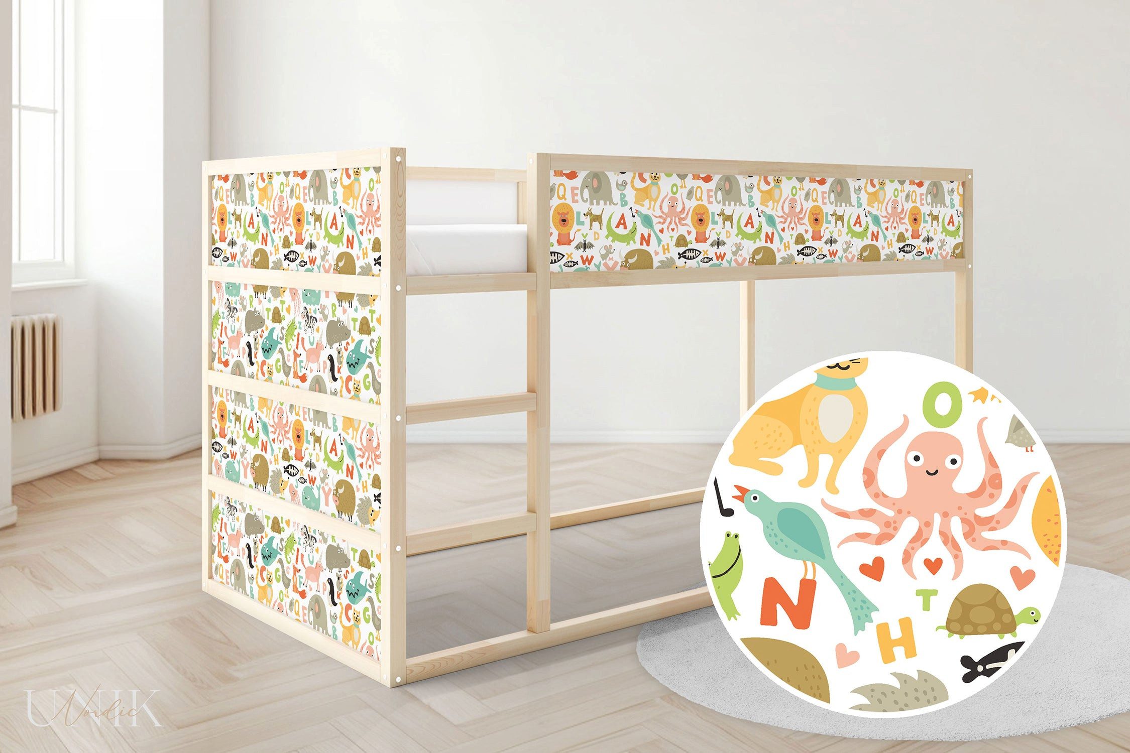 Unik Nordic Möbelfolie IKEA Kura Bett­aufkleber Set - Buchstaben 2-Sticker-Set Oben, (Set, 2St.}, Für die angebene Anzahl an Flächen zugeschnitten), selbstklebend, exakte Maße, wiederablösbar