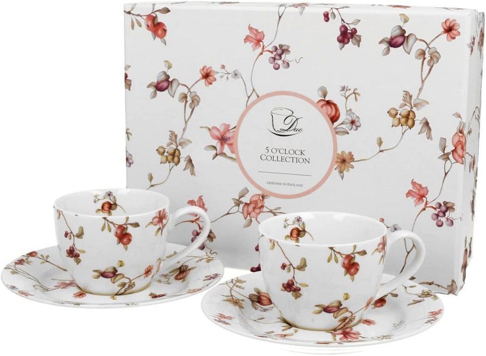 Duo-Gift Tasse Set mit Untertassen, Tieren / Vogel / Blumen - Planzen Kollektion, 4-tlg., Porzellan 2 Espressotassen / Espresso / ca. 90 ml mit Untertassen: Durchmesser 12,5 cm Safa Blumen Kollektion, Kaffee - Tee Tasse / Ideal als Geschenk / Sammlung
