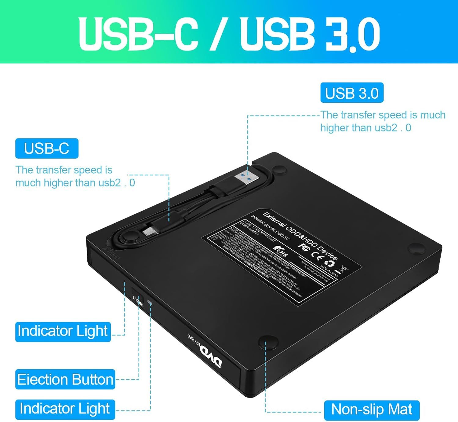 POPOLIC 7 in 1 Externes CD DVD Laufwerk, USB 3.0, schlankes optisches Laufwerk DVD-Brenner (mit 4 Anschlüssen und 2 TF/SD Kartensteckplätzen, für PC Windows 11/ – Bild 4 von 5