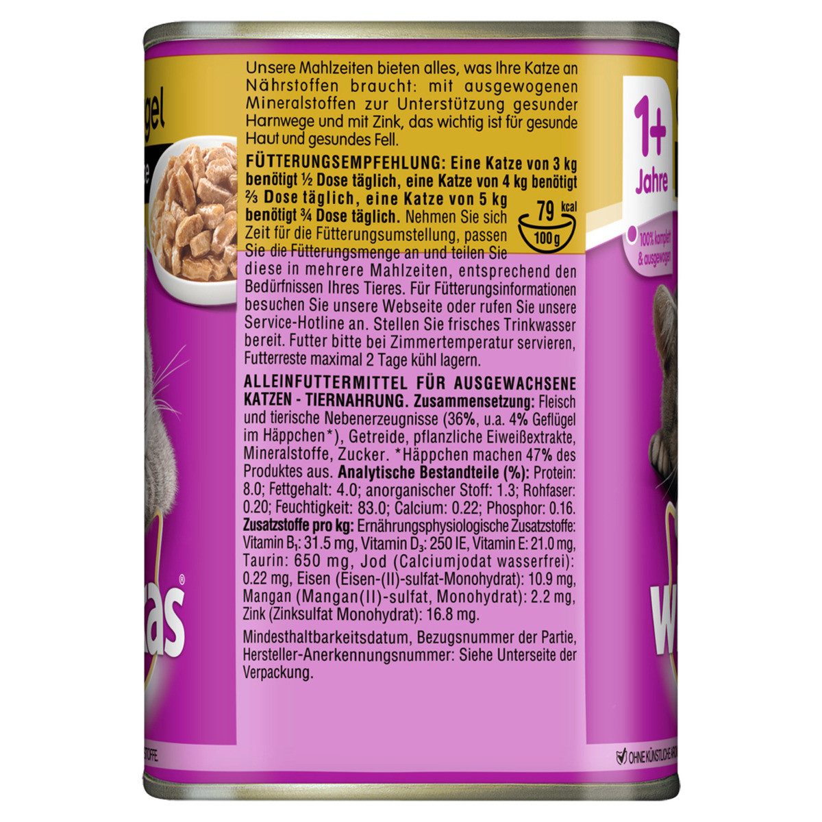 Whiskas 1+ mit Geflügel in Sauce 400 g - 12 Stück, Nassfutter für: Katze