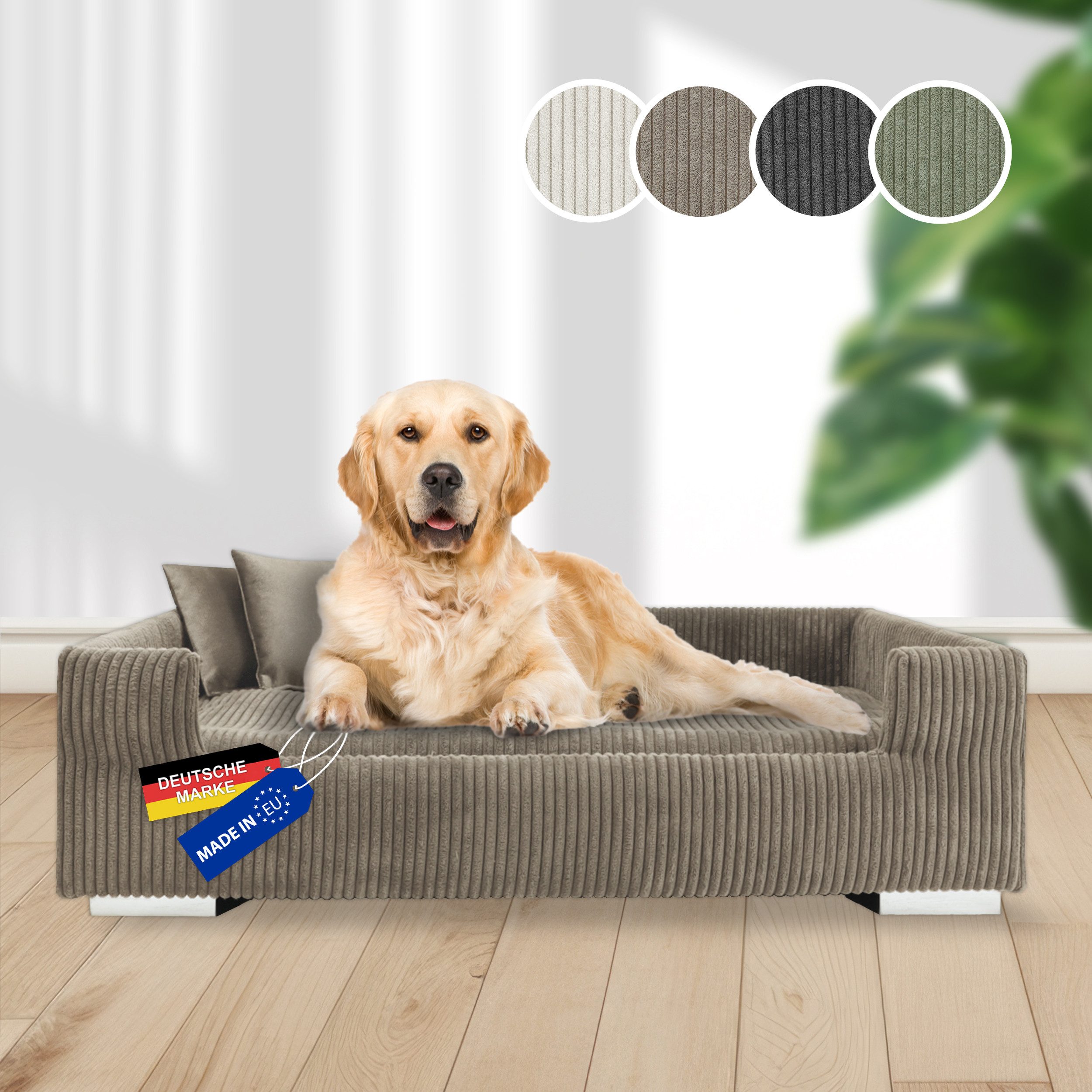 Rohrschneider Tiersofa Hundesofa Cord hoher Rand, waschbarer Bezug 4 Farben, robuster Cordstoff aus 100% Polyester, inkl. 2x Dekokissen