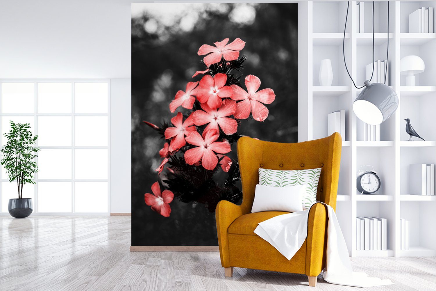 Rosa Fototapete - bedruckt, St), Wohnzimmer, Wandtapete Tapete Blumen (3 für Farbe, Montagefertig Matt, Vinyl MuchoWow -