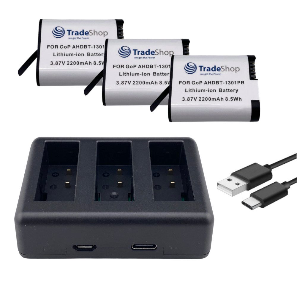 4in1 Set passend für GoPro HERO13 Black, AHDBT-1301 - Ladegerät + 3x Kamera-Akku