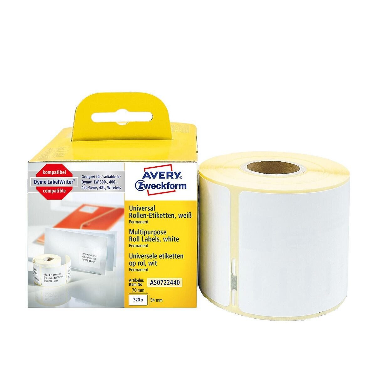 Avery Zweckform Thermorolle AS0722440, entspricht DYMO® S0722440, 320 Universal-Etiketten 54/70 mm