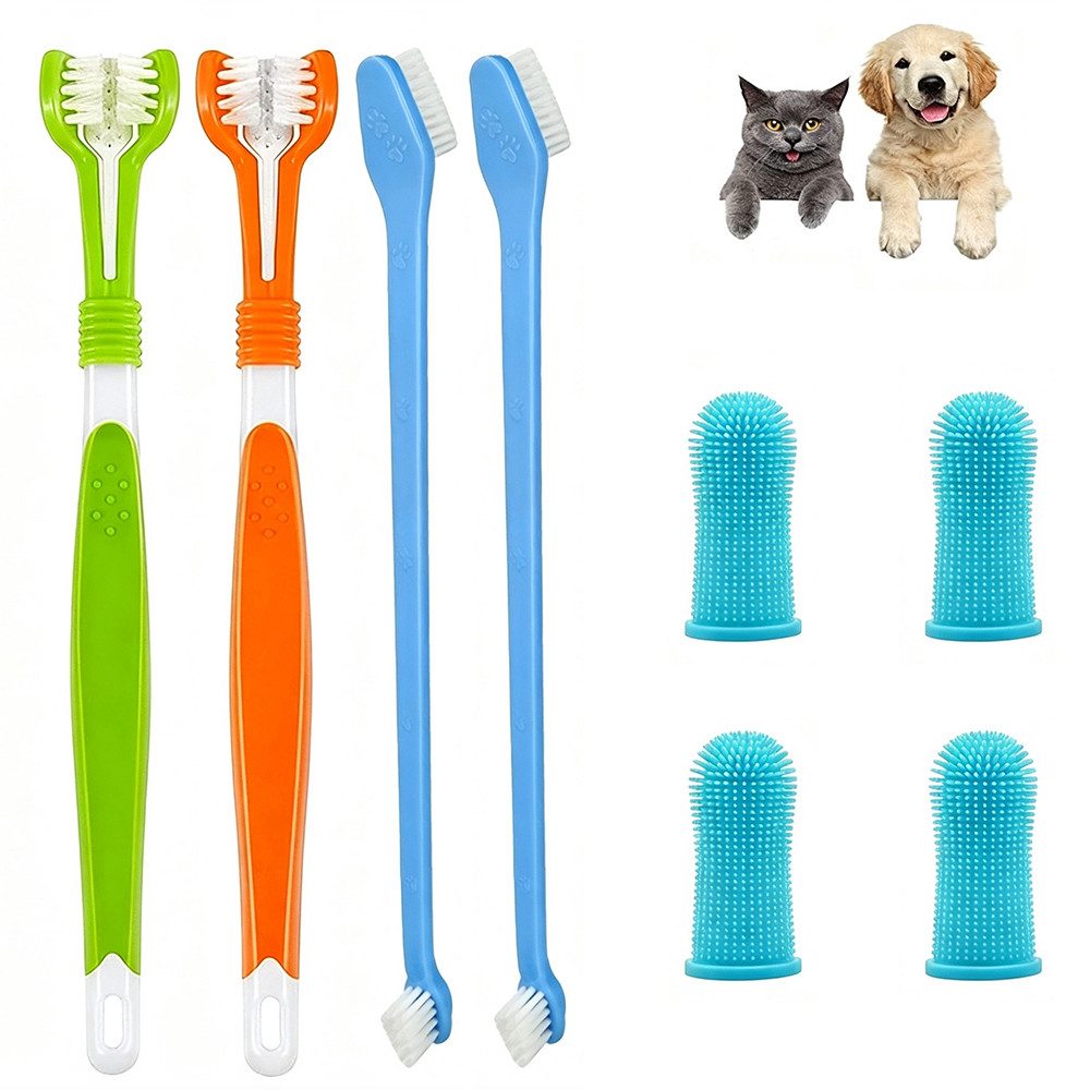 AFKSMILE Tierzahnbürste Hundezahnbürste Set, 8 Stück, Zahnsteinpflege, Multi-360° Reinigung, 2 DreikopfZahnbürste 2 Doppelkopf 4 Fingerbürsten Mehrhaustierfamilien