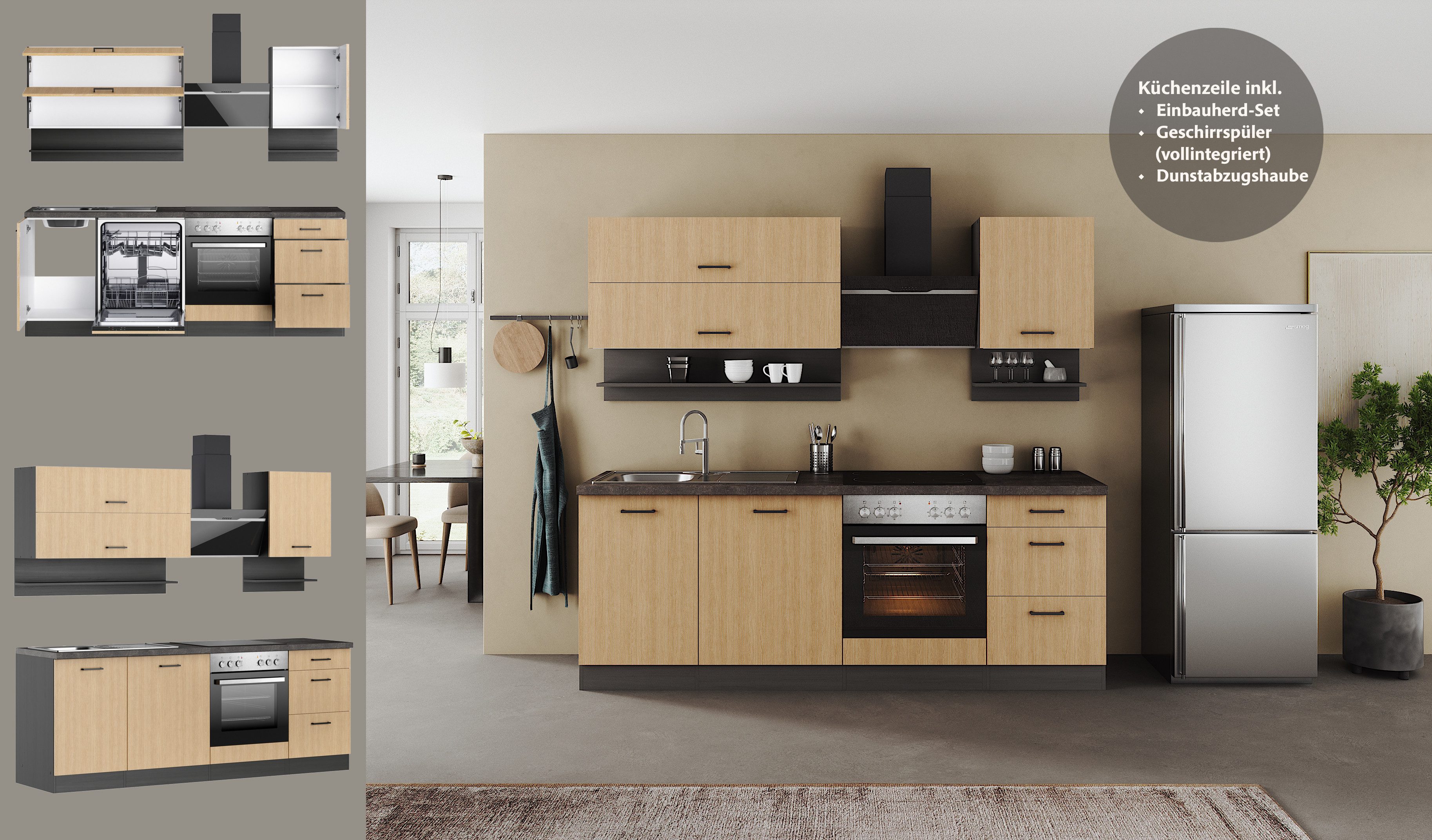 KOCHSTATION Küchenzeile KS-Frieda Breite 220 cm, wahlweise mit E-Geräten, mit 38mm starker Arbeitsplatte – Bild 4 von 5