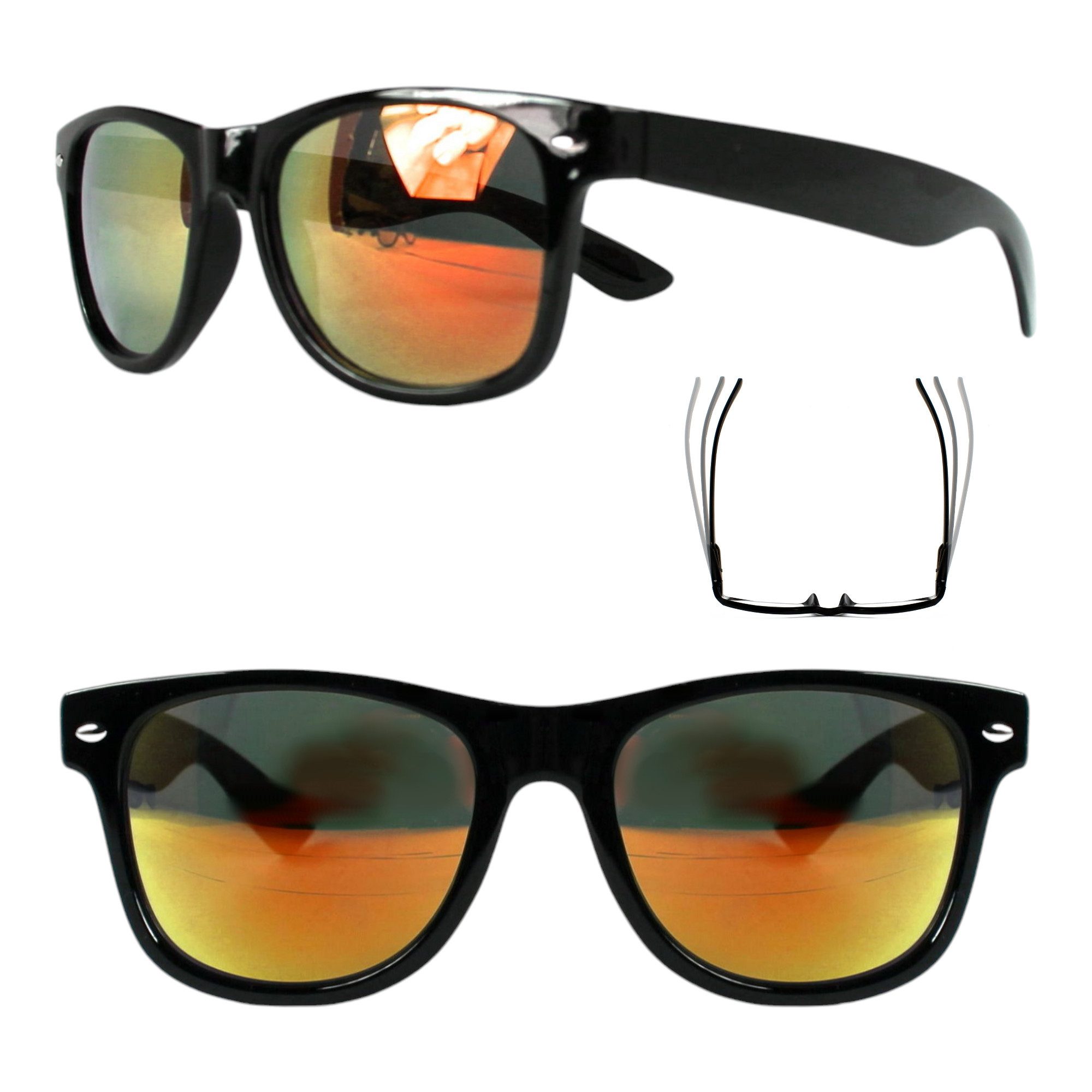 Rennec Sonnenbrille (Spar-Set Retro Sonnenbrillen 1x Schwarz Glanz und 1x Schwarz Matt) Ovale Sonnenbrillen 1x Grün-Blau und 1x Orange Verspiegelte Linsen