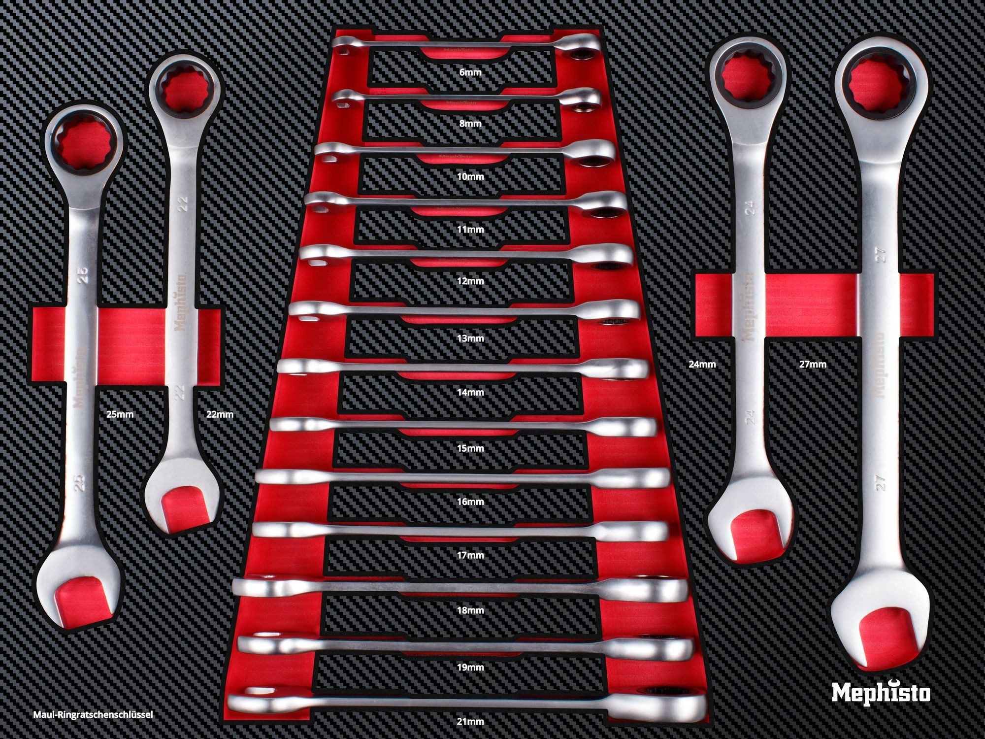 Mephisto-Tools Werkzeugwagen, (fertig montiert und bestückt), 9 abschließbare Schubladen, Werkzeug ist aus hochwertigem CRV