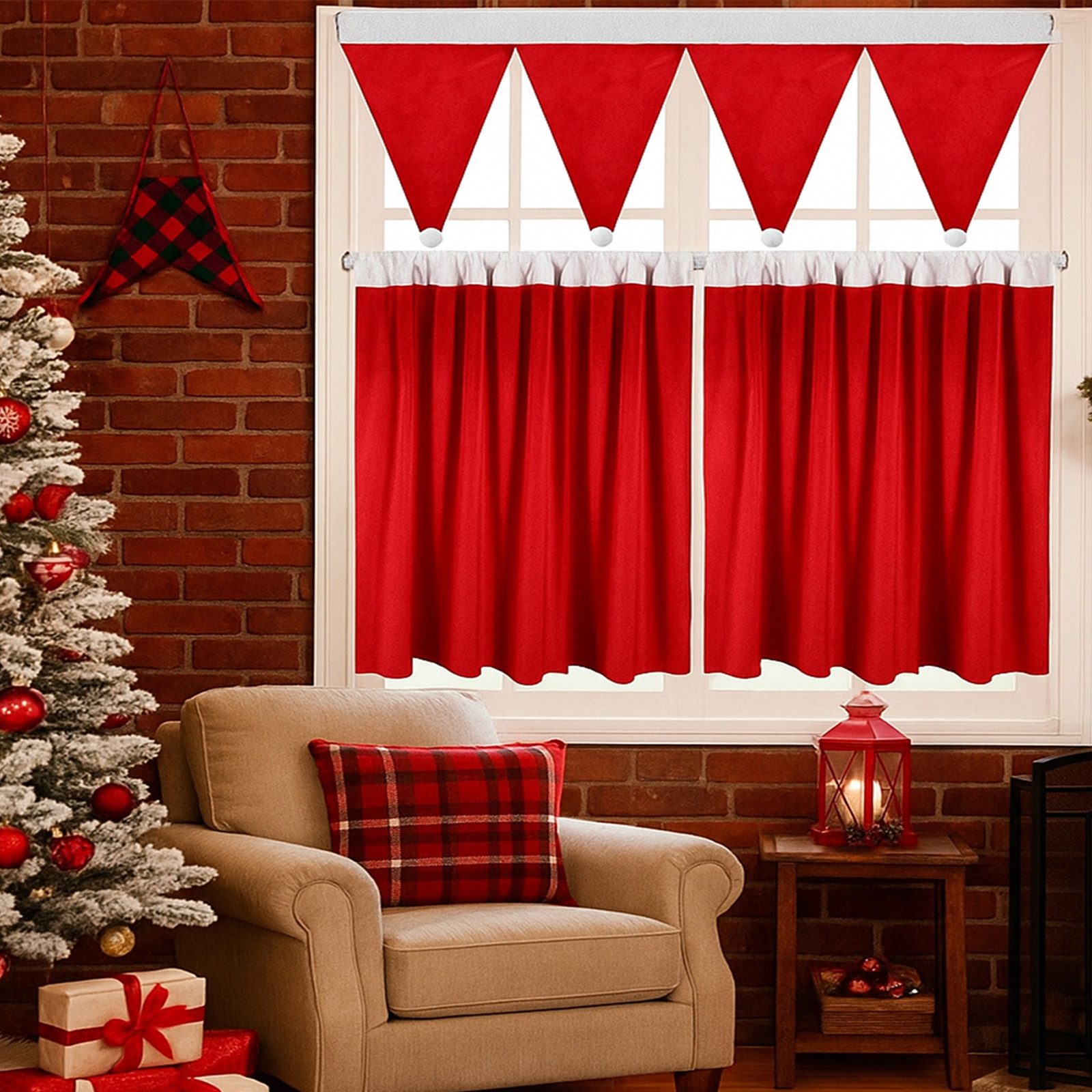 BTTO V&G Gardine 3er-Set Gardine Weihnachten mit Pompom Kurz Vorhang, Gardi günstig online kaufen