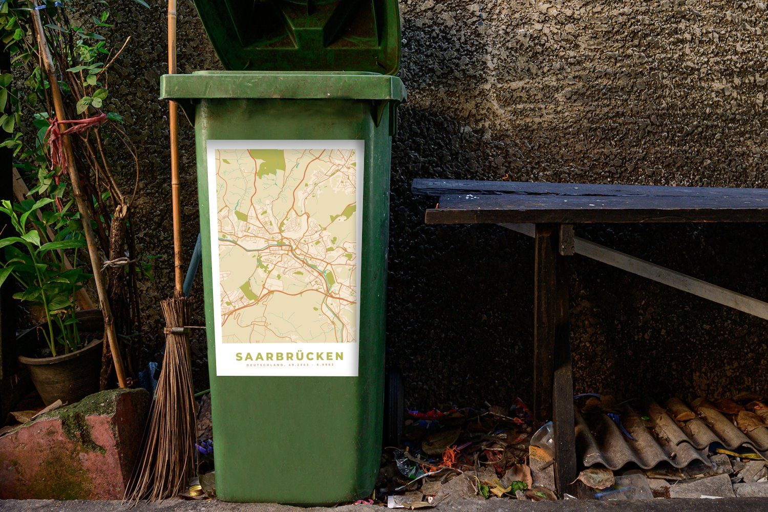 MuchoWow Karte Vintage - Sticker, Mülleimer-aufkleber, Container, - (1 - Stadtplan Wandsticker St), Saarbrücken Abfalbehälter Mülltonne,