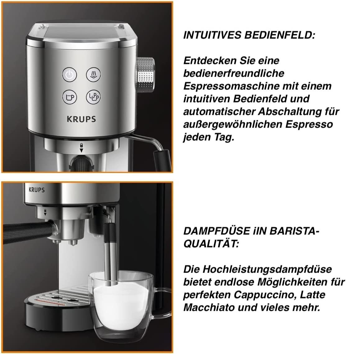 Milchschaumdüse Kaffeekanne, automatischer Edelstahl, geeignet 1l Filtereinsatz Espressomaschine ESE 15 + Kaffeepads Abschaltung, Tamper, Krups XP442C, Bar