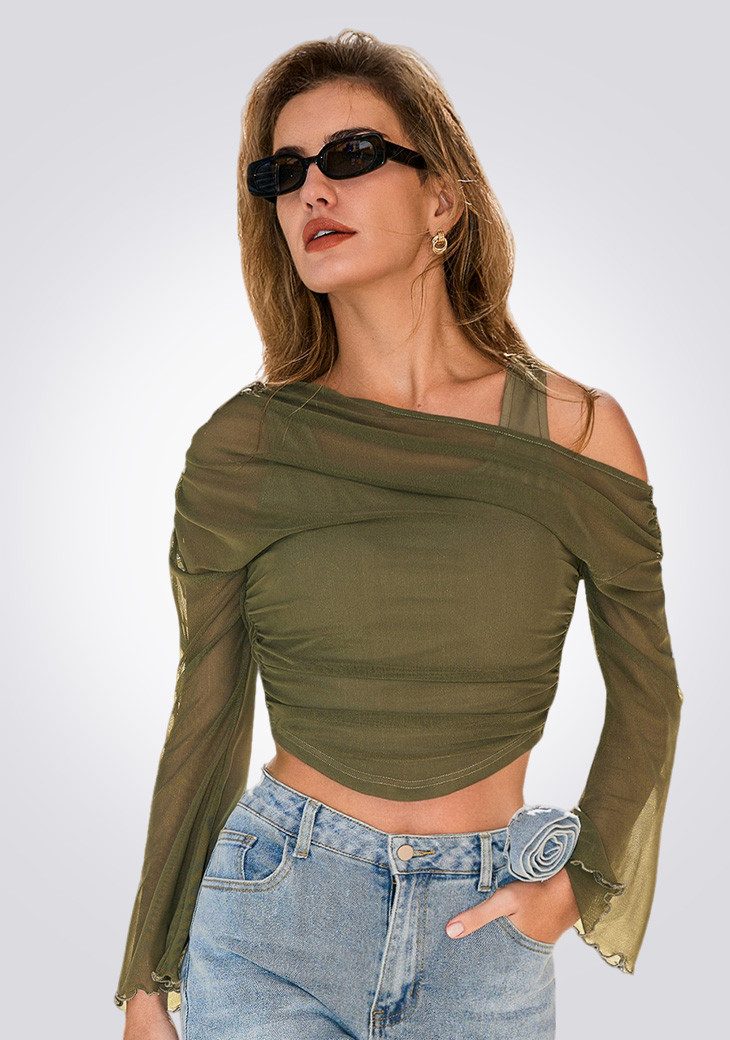 Cupshe Blusenshirt Crop-Top Mesh Einschulter Raffung Langarm Oliv
