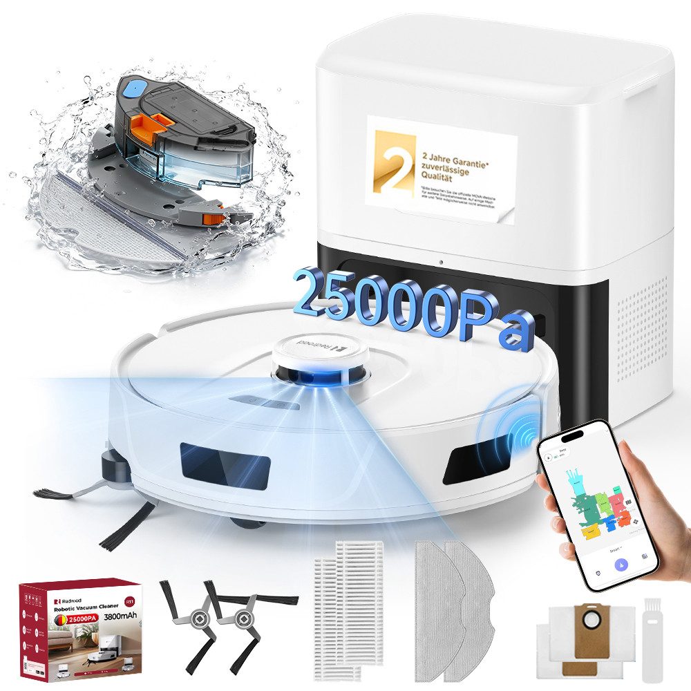 redroad Saugroboter LiDAR-SLAM/RGB/Sensoren Saugroboter mit Wischfunktion 25000 Pa 2026, 880 W, mit Beutel, KI-LiDAR-SLAM/Anti-Tangle/Multi-Dock/12×3200mAh,58.000mAh