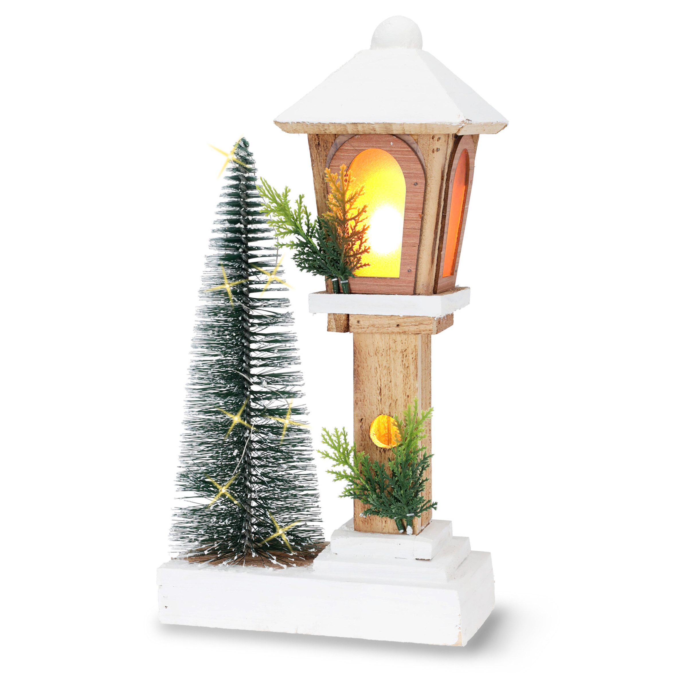 LED Laterne aus Holz warm weiß mit Tannenbaum - 37 cm