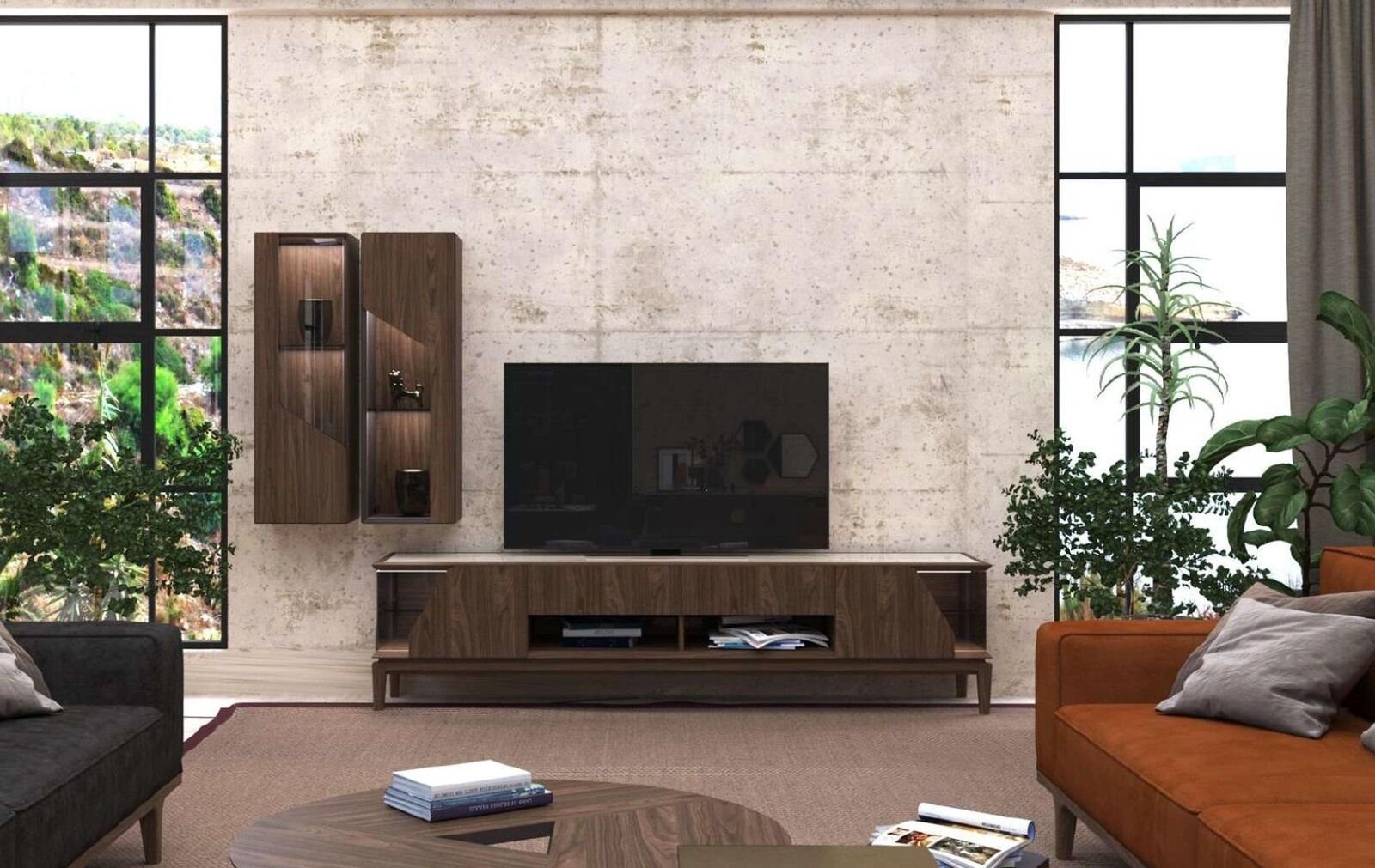 JVmoebel Wohnwand Wohnzimmermöbel Wohnwand Hängeregale Sideboard Braun Luxus, (3-St., TV-Ständer, Seitenschrank: 2x), Made in Europa