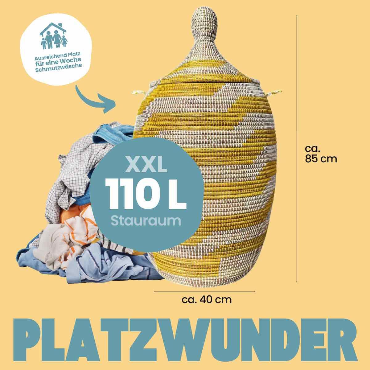 Wäschekorb Wäschekorb Senegal XXL - Zick Zack - Gelb, Handgeflochtener Wäschekorb aus traditionellem Kunsthandwerk