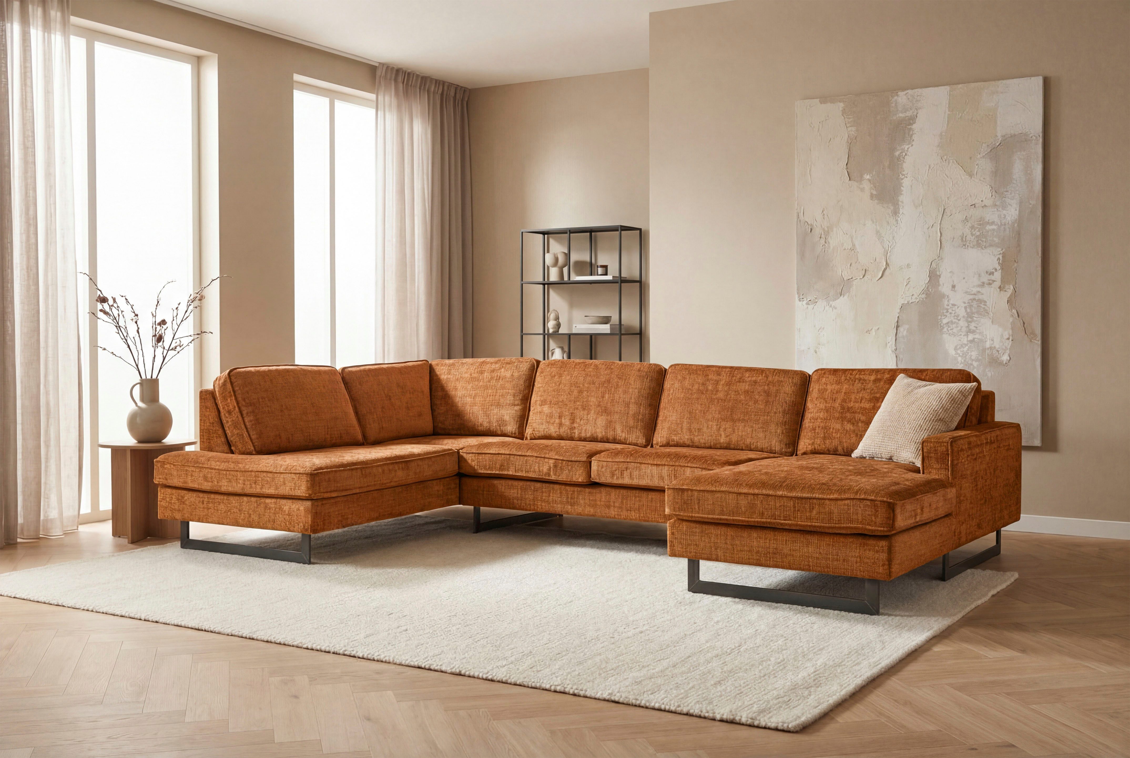 OTTO home Wohnlandschaft Pinto, 350 cm, U-Form, XXL, mit Ottomanen, Cord, Chenille, Lederoptik, mit Keder, Metallfüße, Wellenunterfederung