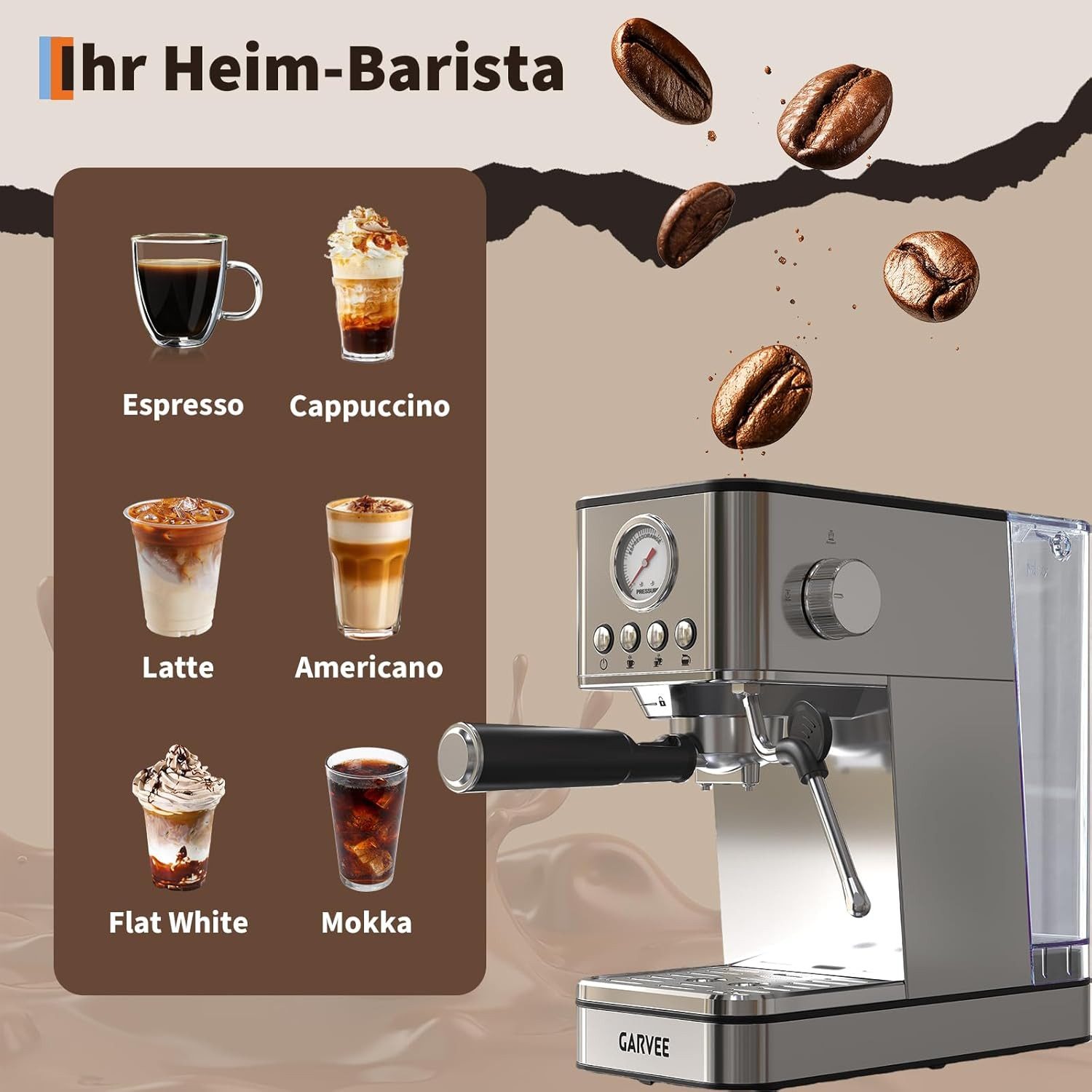 GarveeMore Siebträgermaschine EM621, 1.7l Kaffeekanne, Espressomaschine Mit Thermoblock-Schnellheizsystem & Milchschäumer