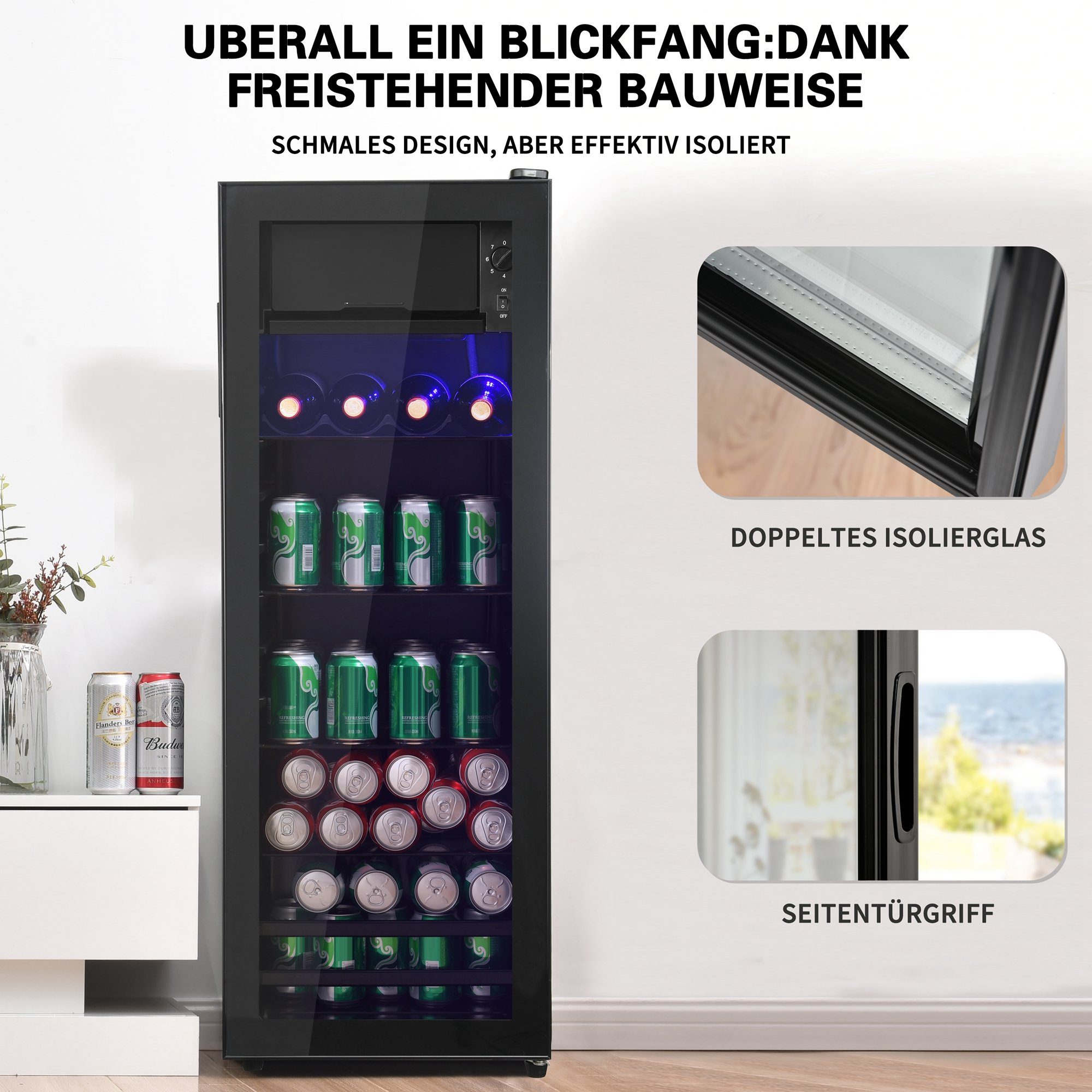 Merax Kühlschrank 128L mit Gefrierfach, Glastür, LED-Beleuchtung, verstellebare Ablage, Getränkekühlschrank SC-128P, 110 cm hoch, 40 cm breit, Mini Kühlschrank, Kühl- und Gefrierfunktion, freistehend