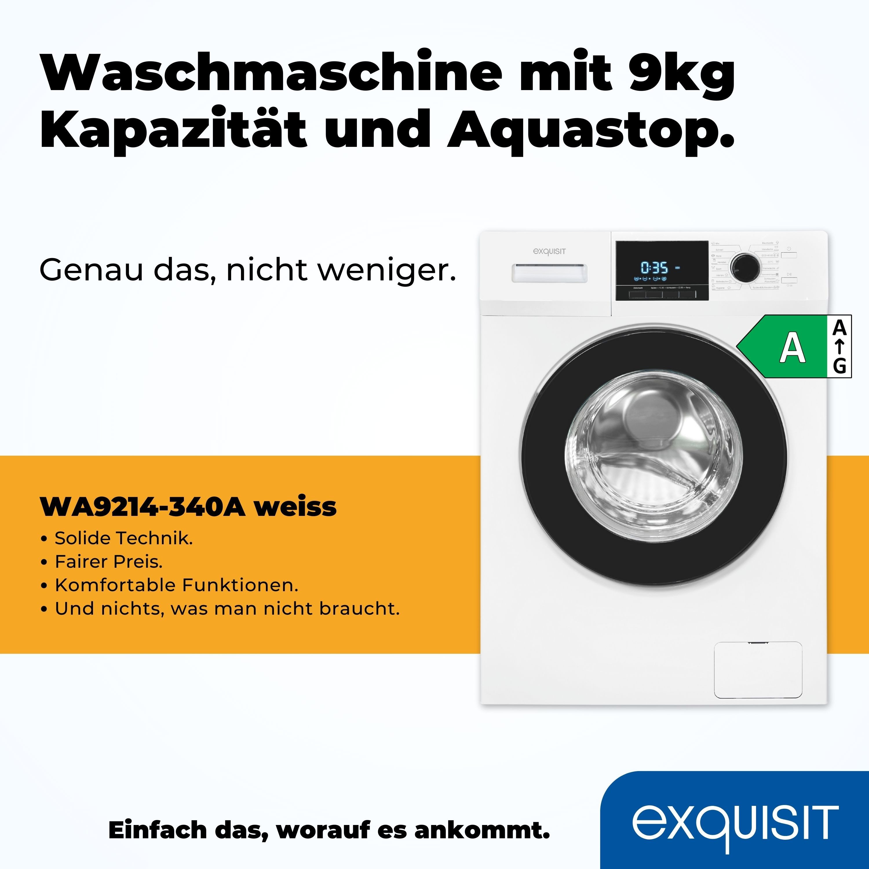 exquisit Waschmaschine WA9214-340A, 9 kg, 1400 U/min, AquaStop-Vollwasserschutz, Trommelreinigung für sauberen Innenraum