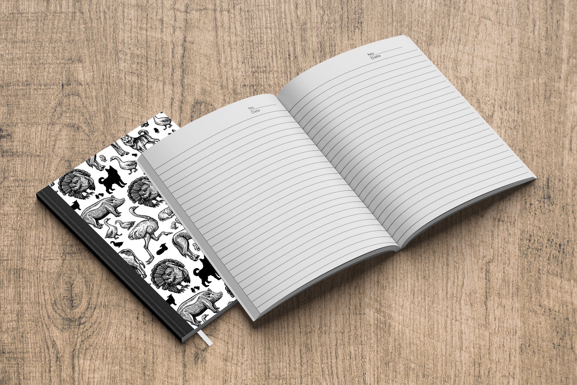 MuchoWow Notizbuch Muster - Merkzettel, - Tagebuch, weiß, 98 Haushaltsbuch Notizheft, Schwarz Tiere Seiten, A5, Journal, und