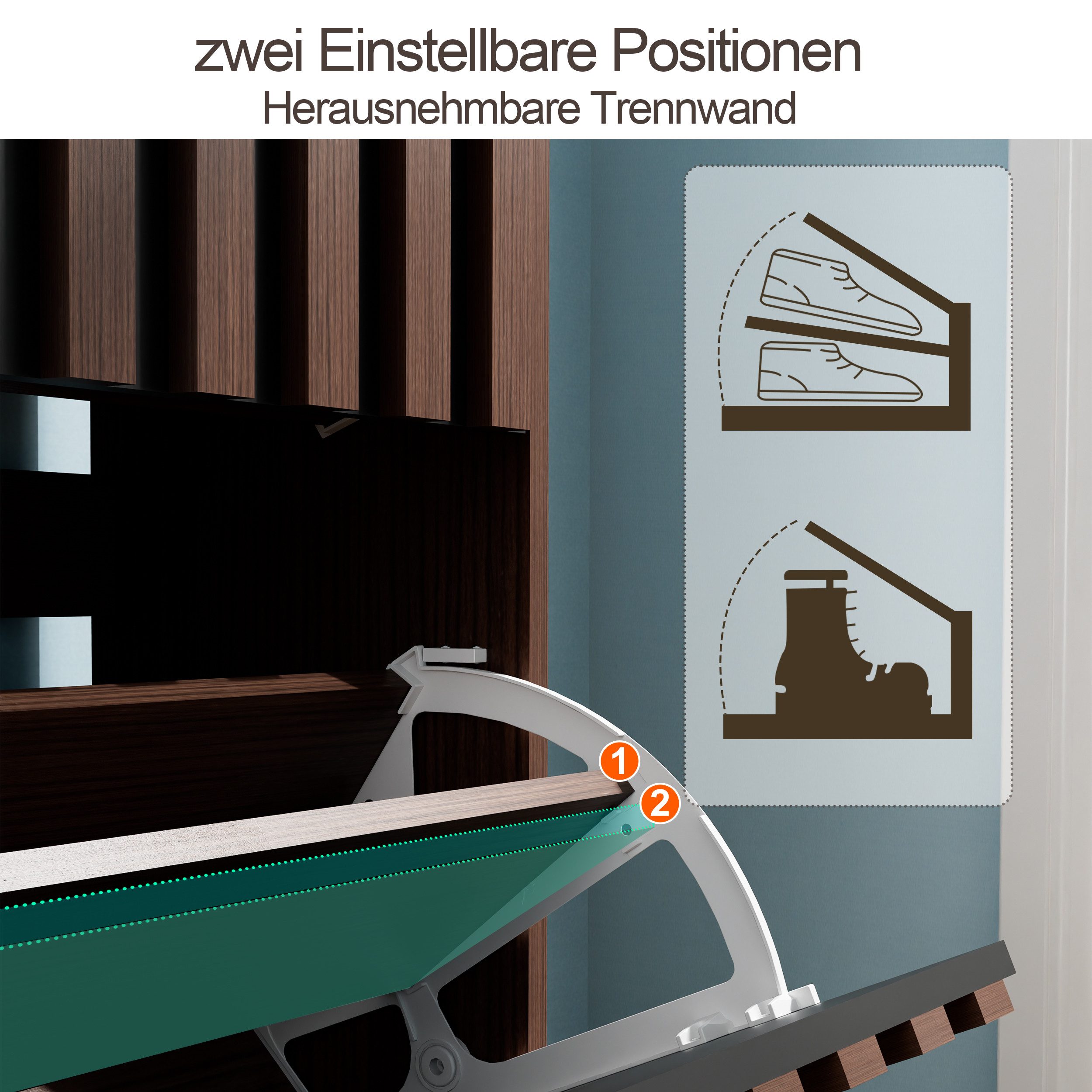 UEV Schuhschrank mit 4 Klappen, Schuhregal Schmal,102x24x86,5cm Schuhkipper Holz (Packung, Schuhkommode mit Kippschutz) verstellbare & herausnehmbare Trennwände – Bild 4 von 5