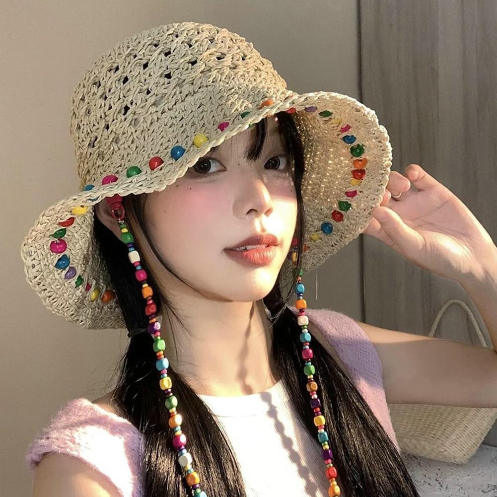 Zaewry Strohhut Sonnenhut Sommerhut Strandhut Straw hat, Damen faltbar, Einheitgröße Verziert mit bunten Holzperlen – Bohemian-Stil, UV-Schutz