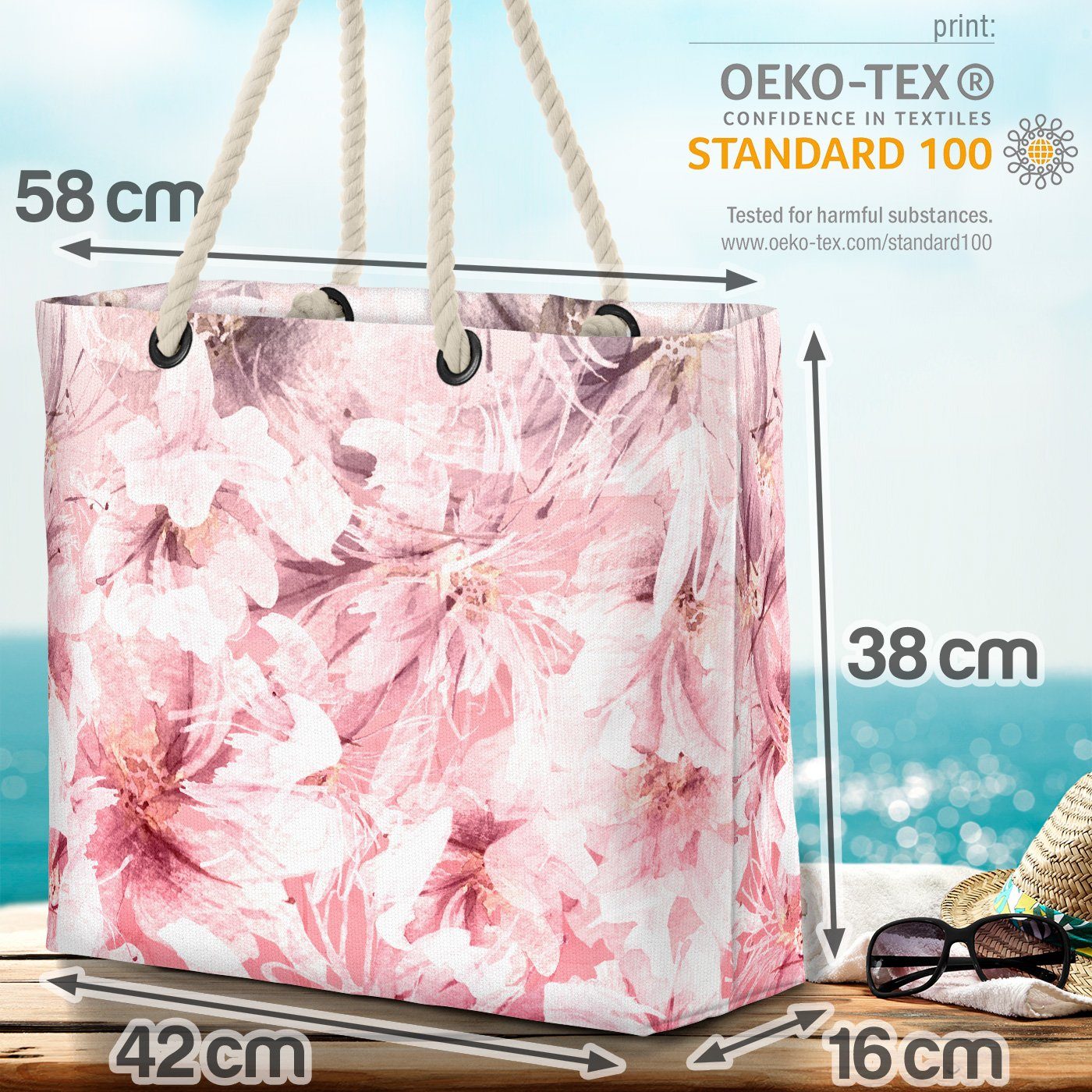 Strandtasche rose (1-tlg), Einkaufstasche Blumenmuster Beach Blumen Bag VOID Ostern Tasche