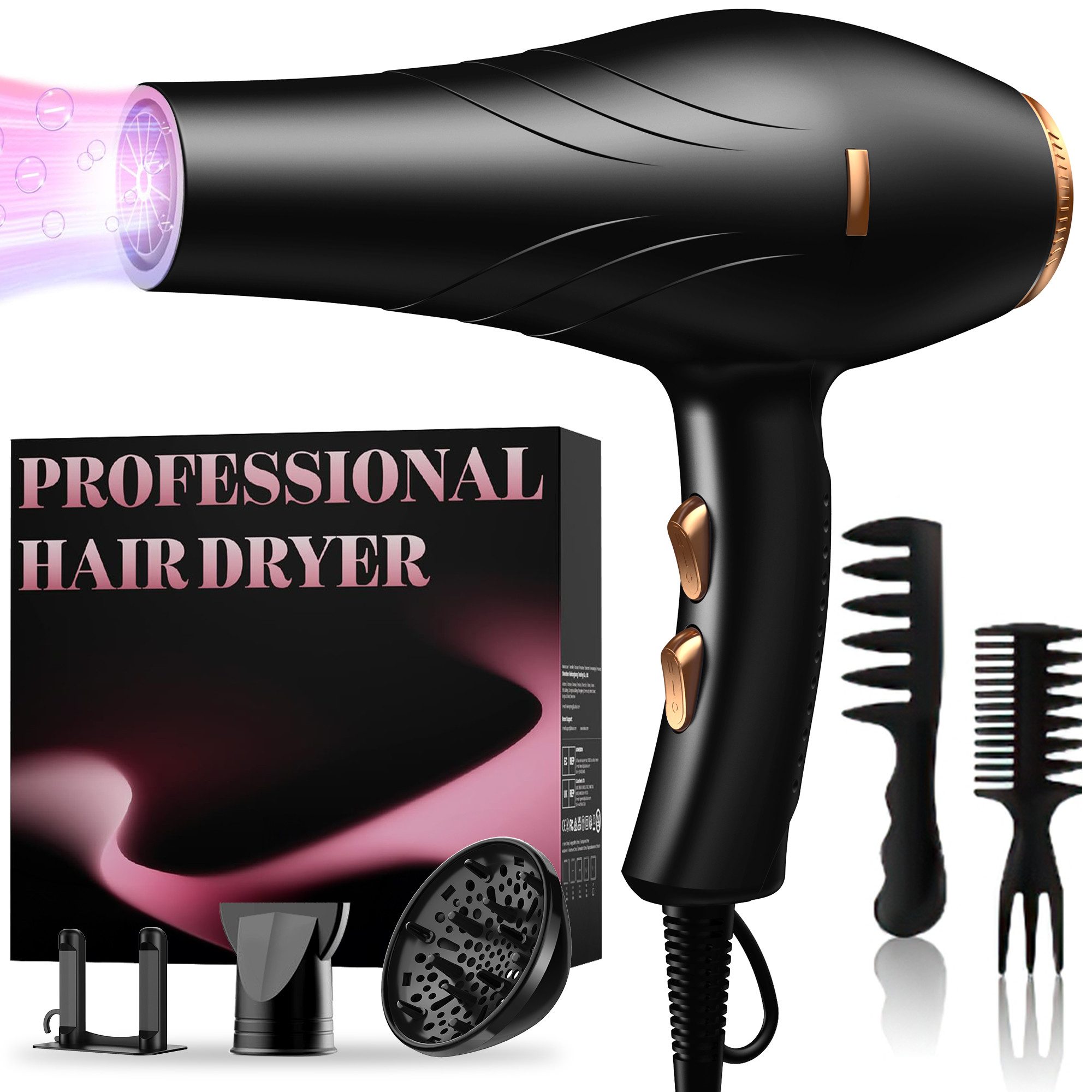 ibettertec Haartrockner Föhn,Ionen Professioneller Haartrockner mit Diffusor, 2400,00 W, Konzentrator-Düse, 2400W 5 in 1 Turbo-Motor, Hohe Luftgeschwindigkeit