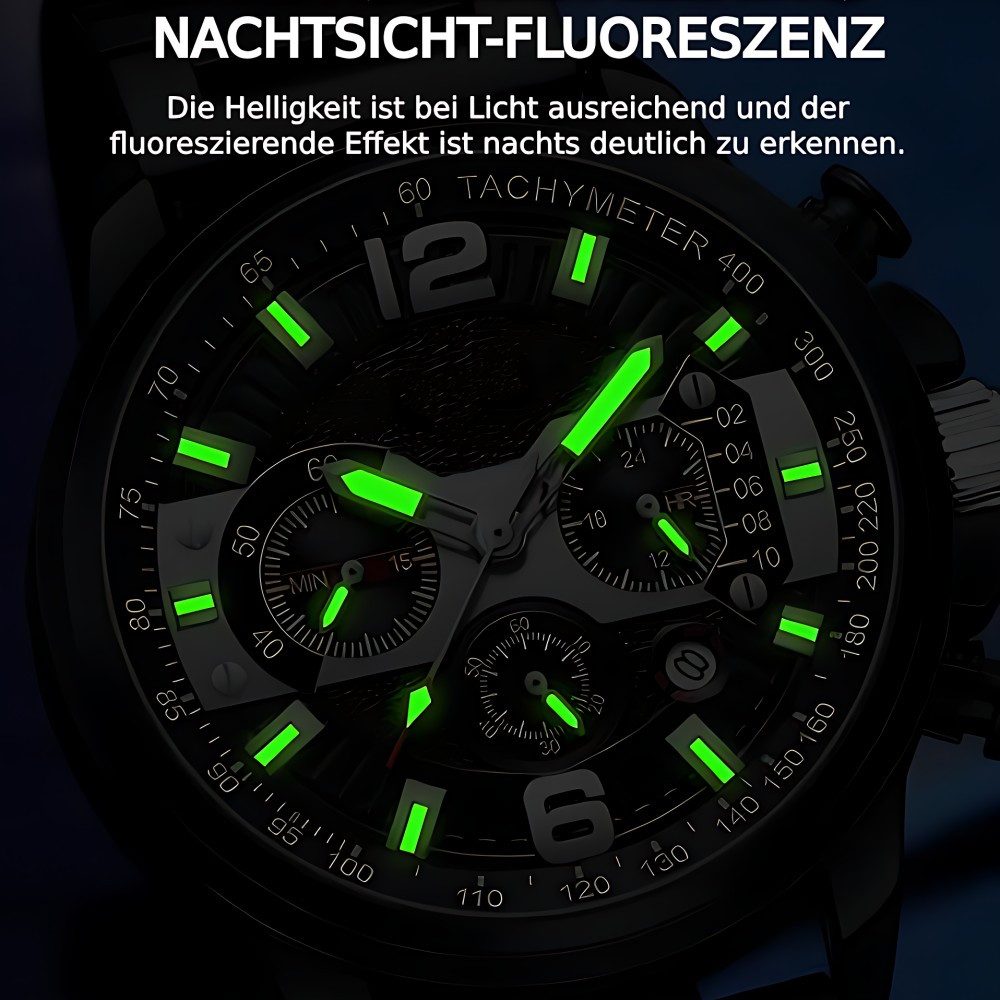ibettertec Quarzuhr Herrenuhr Multifunktionsuhr Armbanduhr Chronograph, (Quartz Edelstahl Uhr für Männer,Chronographenuhr), Datum,Stoppfunktion,kleines Sekundenzifferblatt,bis 5 bar wasserdicht